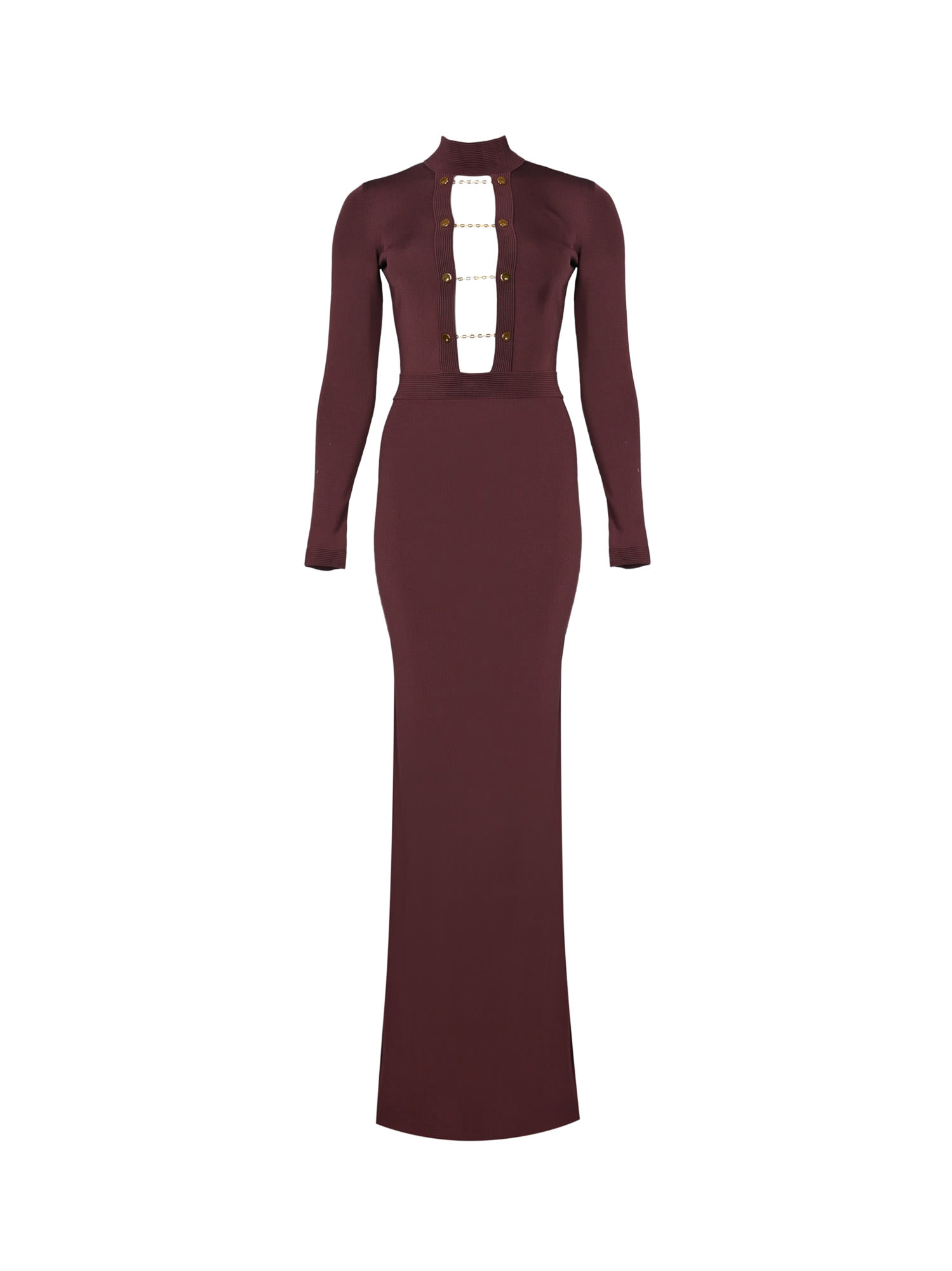 Elisabetta Franchi Burgundy Midi Dress With Gold Chain Cutouts In Brown