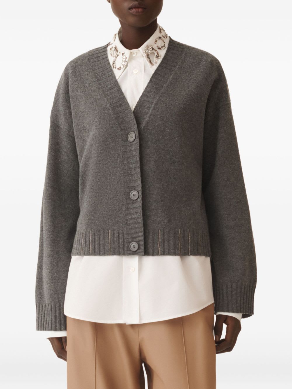 Fabiana Filippi Metallic V-neck Long Sleeve Top In Gray