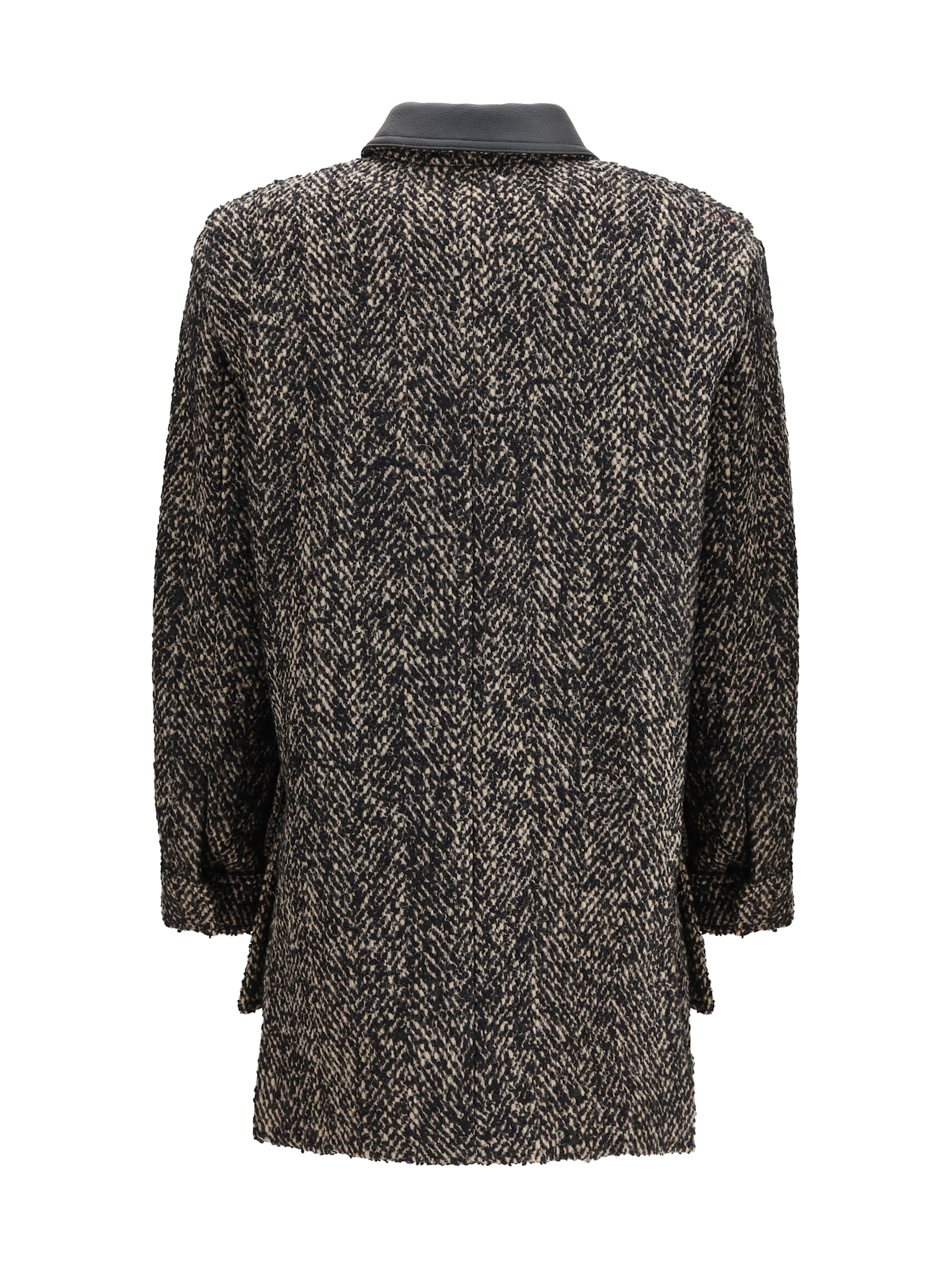 Max Mara Herringbone Pattern Wool Jacket With Leather Collar In Multi