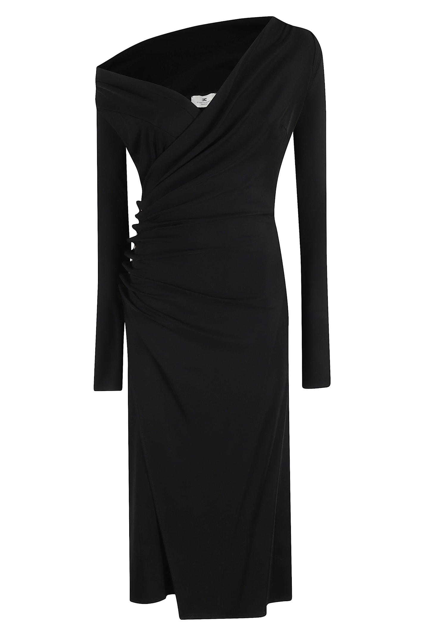 Elisabetta Franchi Draped Midi Dress With Jeweled Side Buttons In Black