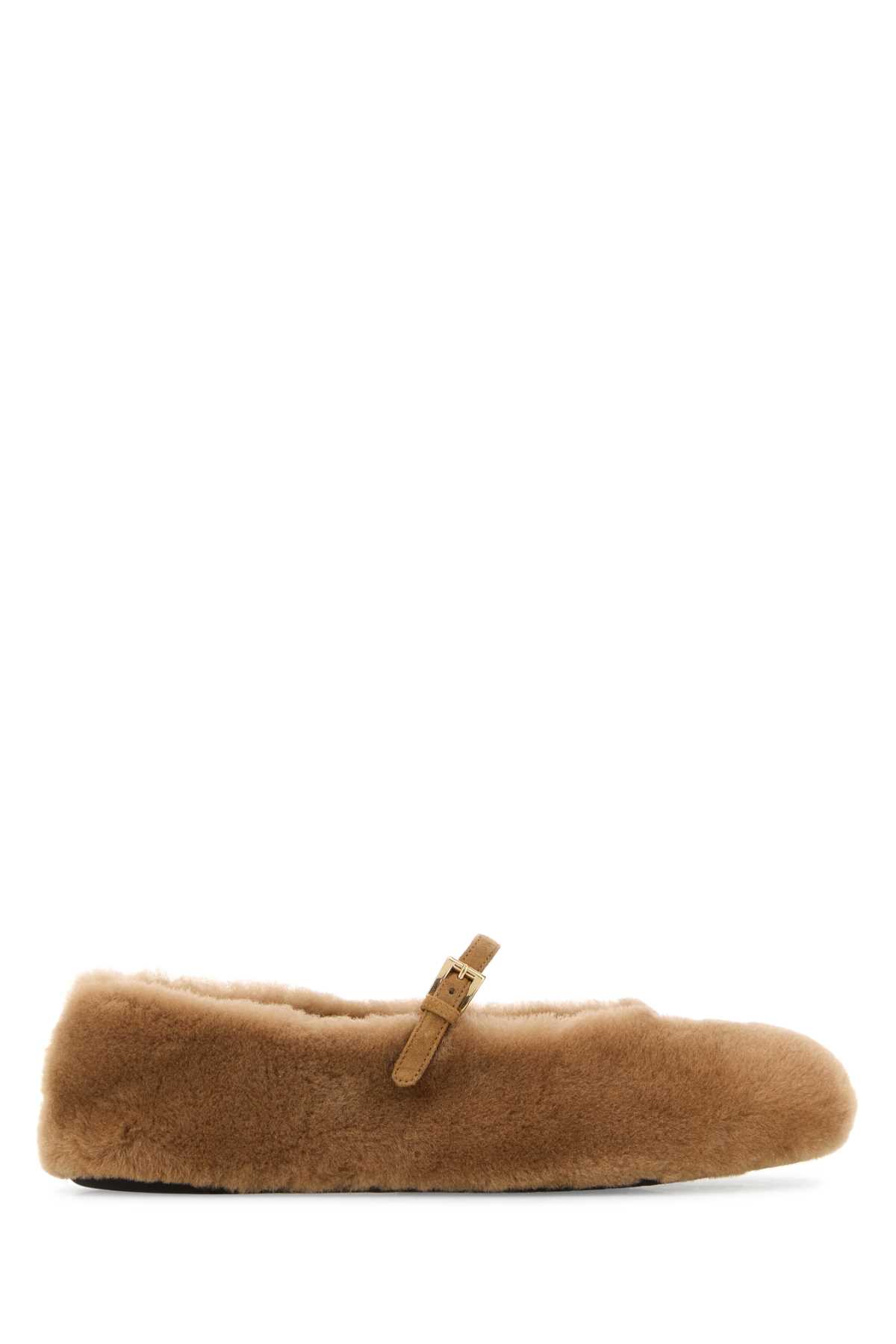 Prada Shearling Flat Ballerina Shoes With Buckle Strap In Brown