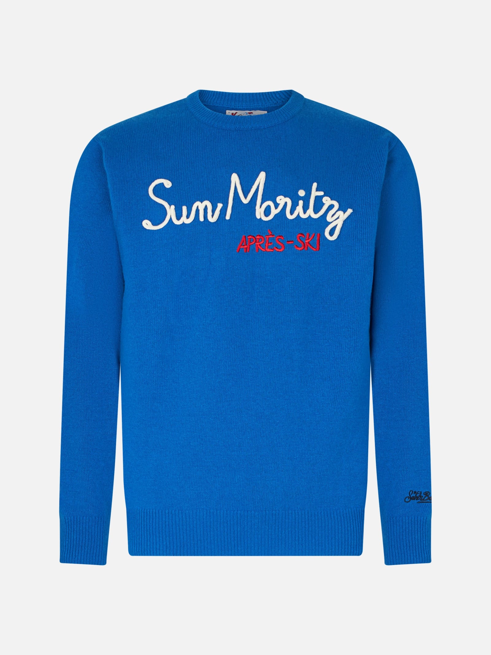 Shop Mc2 Saint Barth Man Crewneck Sweater With Sun Moritz Après Ski Embroidery In Sky