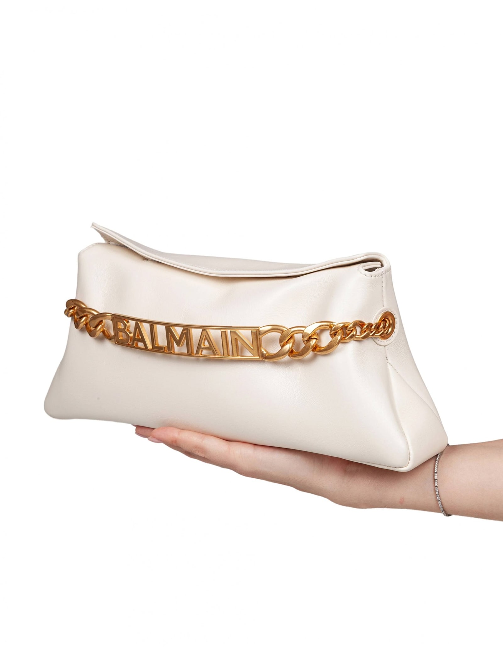 Balmain 1945 Soft Pochette In Wrinkled Calfskin In White