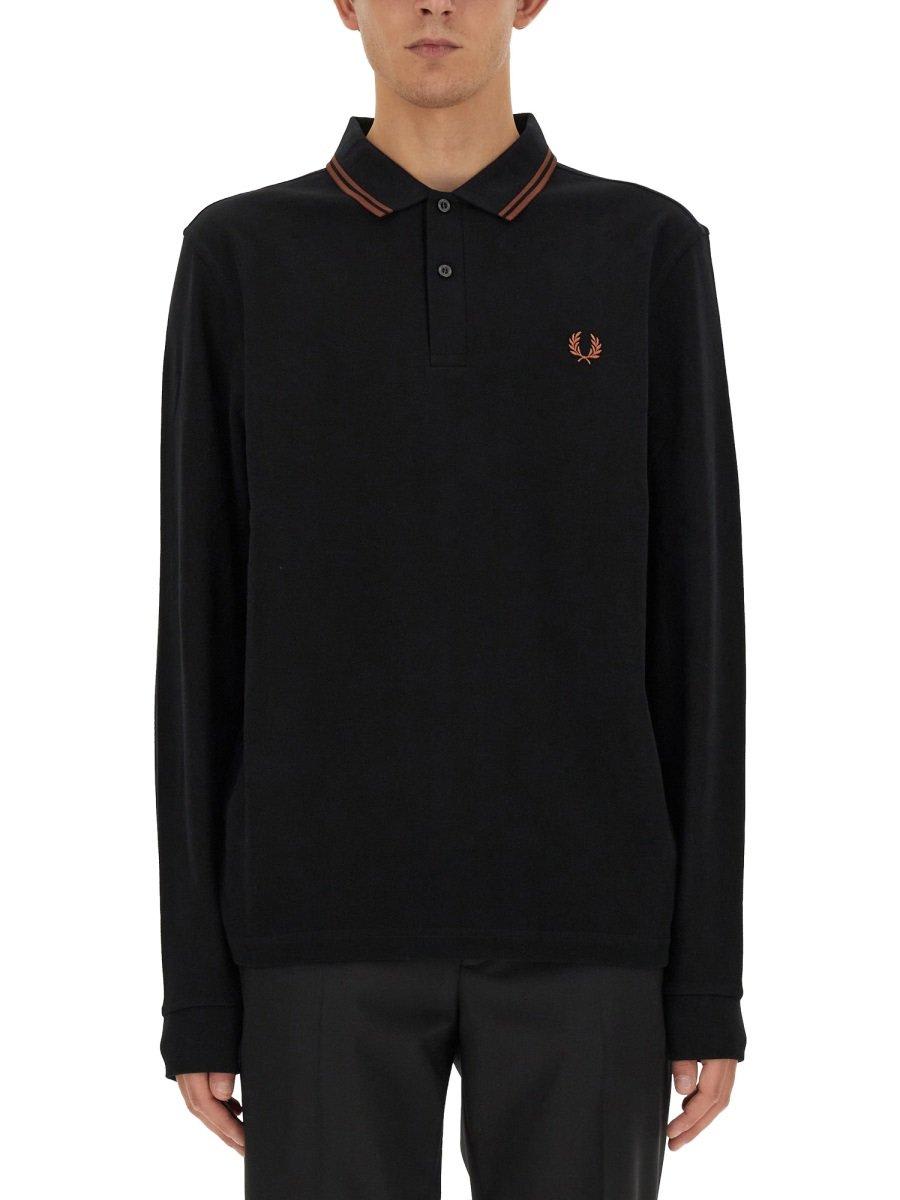Fred Perry Logo Embroidered Polo Shirt In Black/whiskybrwn