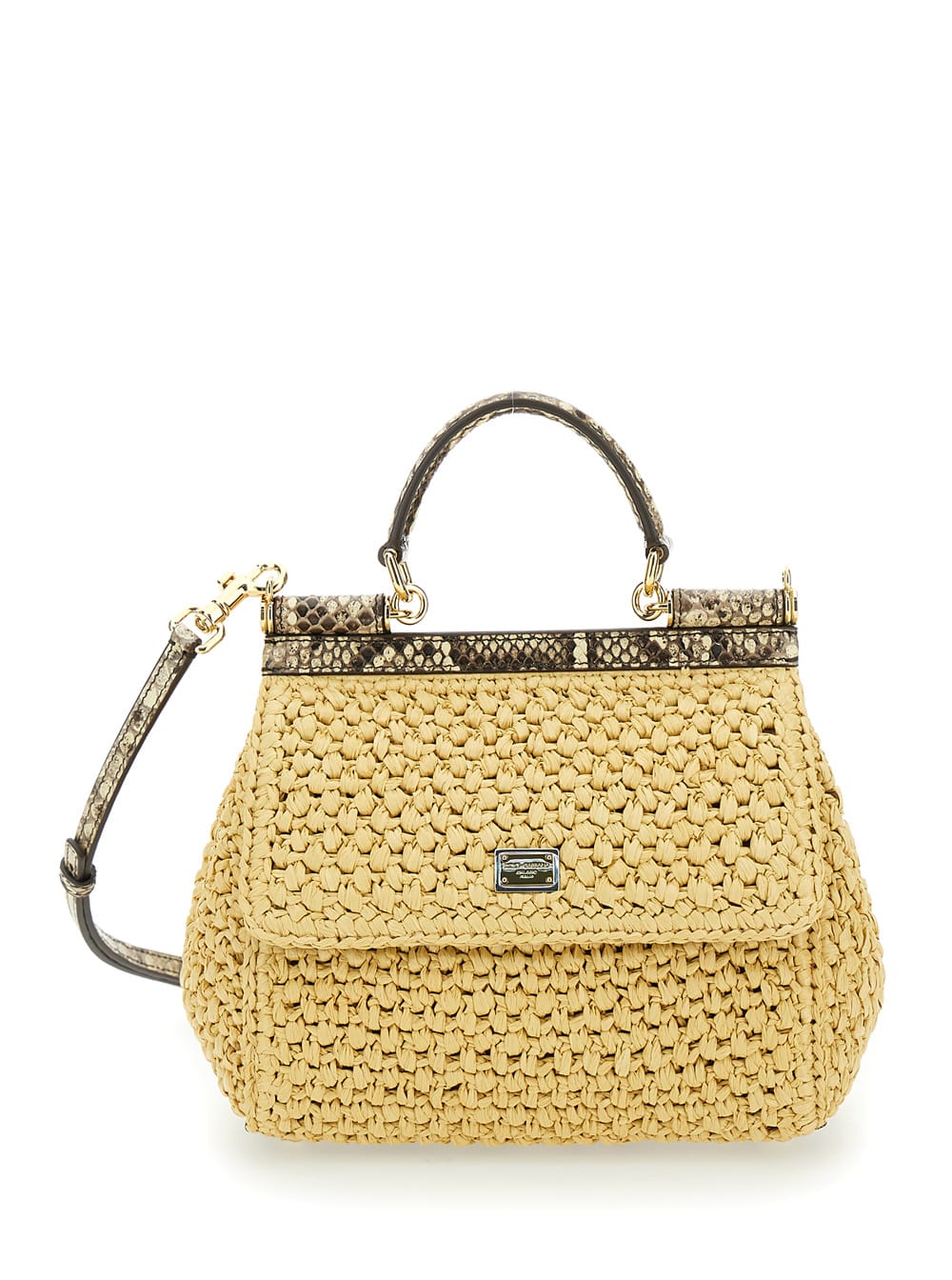 Shop Dolce & Gabbana Medium Sicily Beige Handbag With Logo Plaque In Raffia Crochet Woman