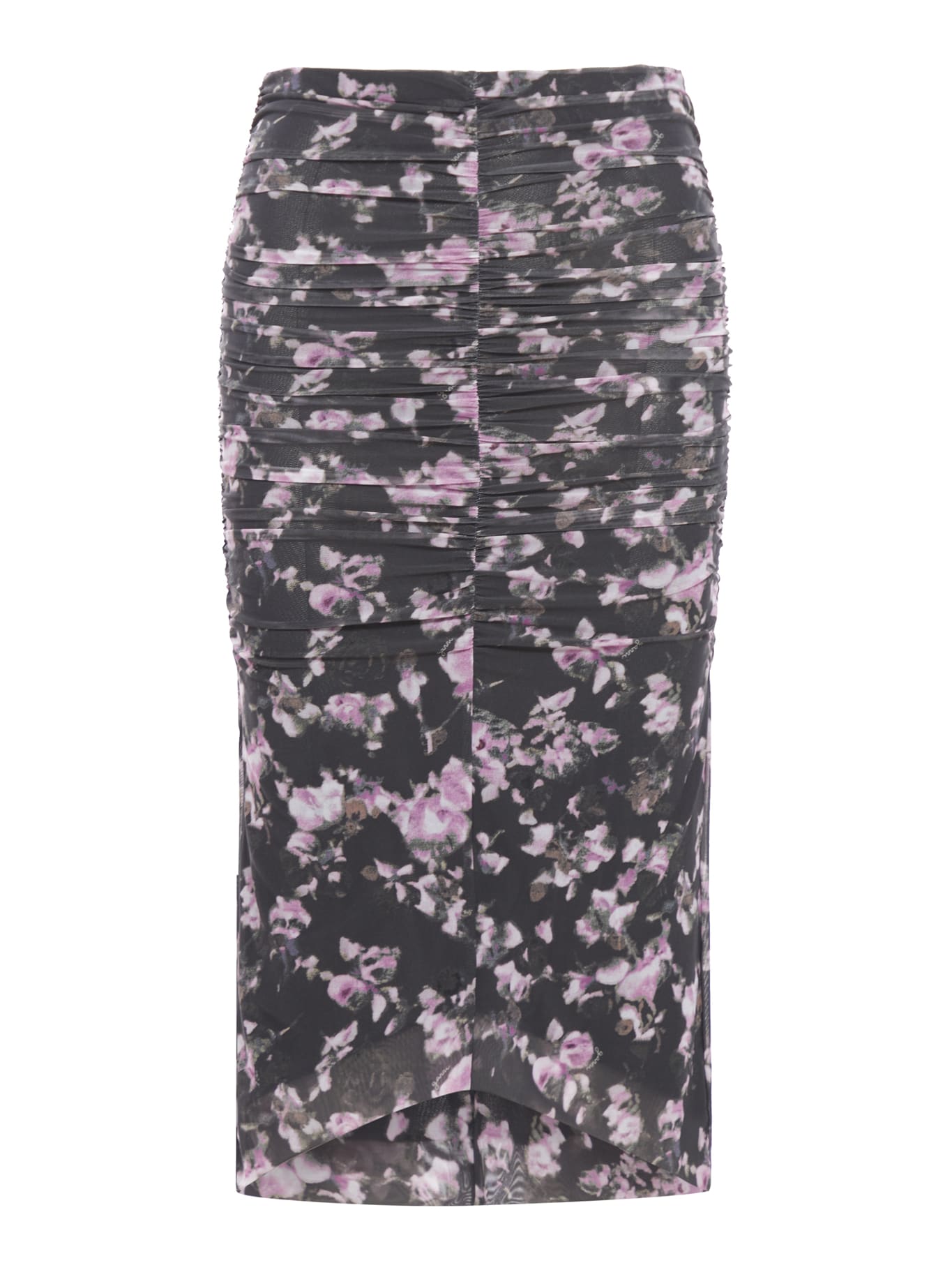 Shop Ganni Printed Mesh Ruched Midi Skirt In Phantom