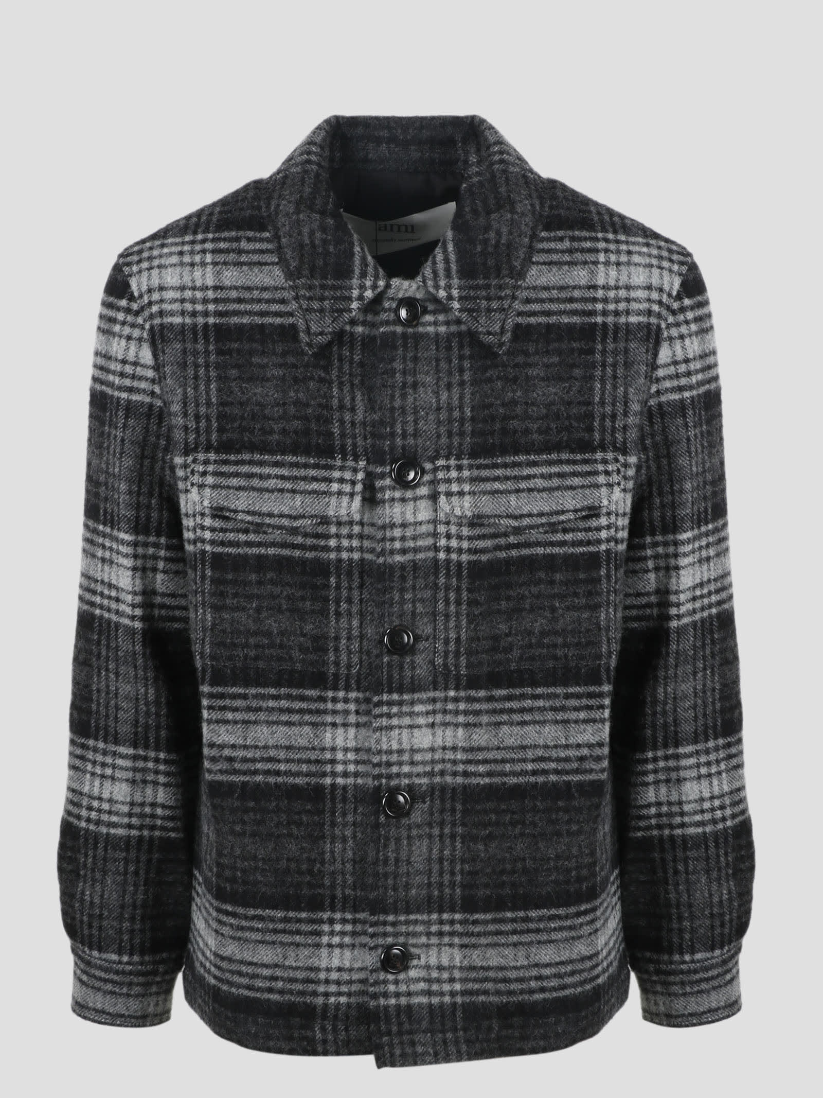 Ami Alexandre Mattiussi Buttoned Jacket In Check Felted Wool In Grey