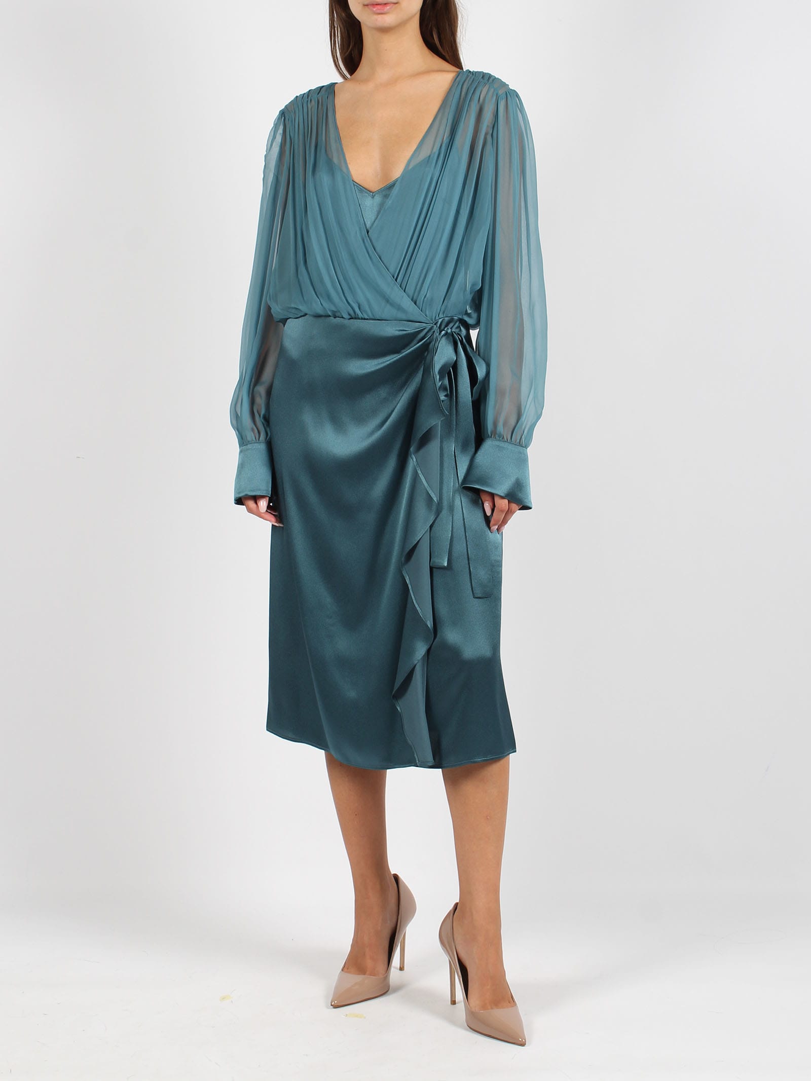 Alberta Ferretti Sheer-overlay Midi Dress In Blue