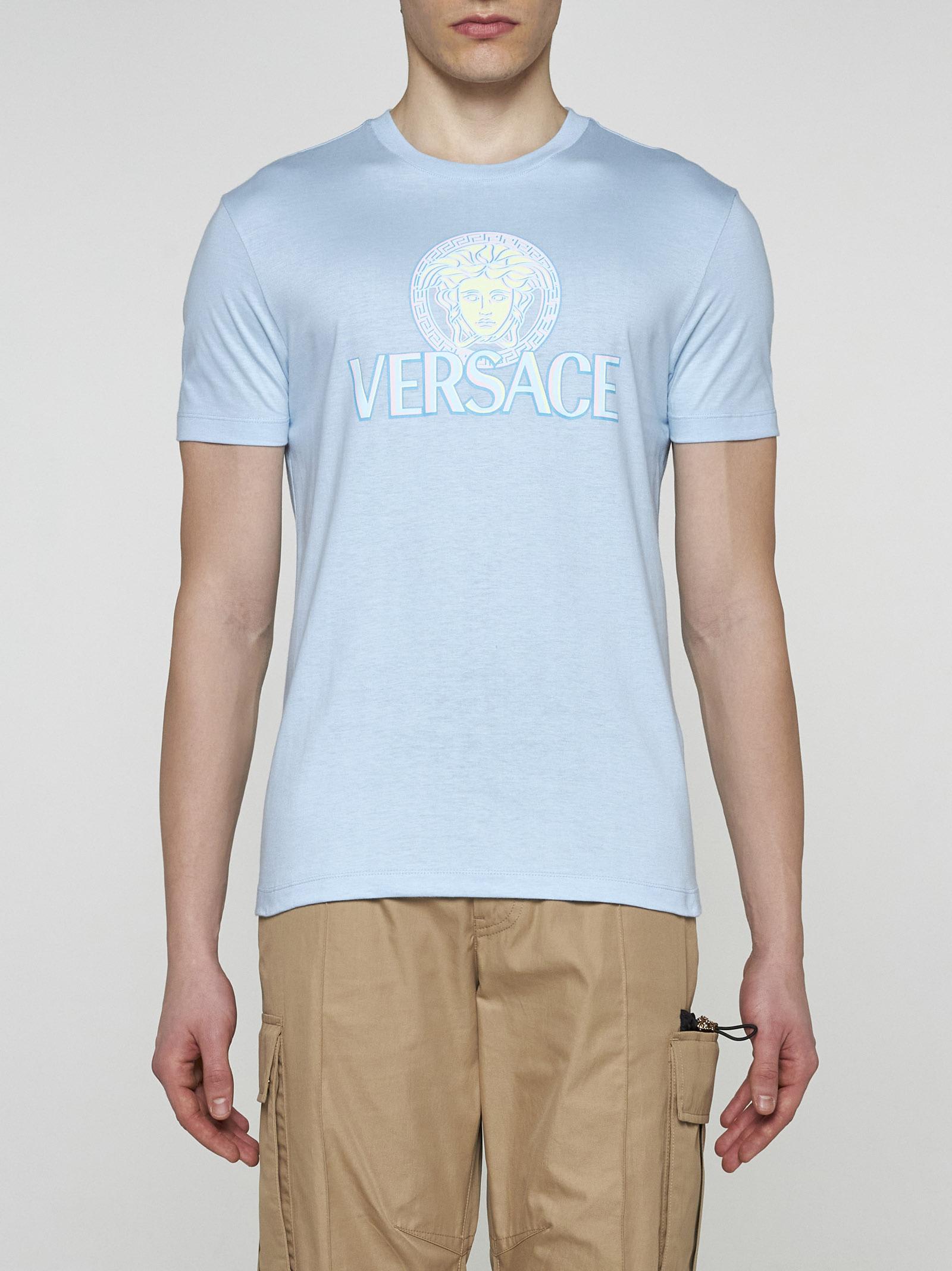 Shop Versace Medusa And Logo Cotton T-shirt In Celeste