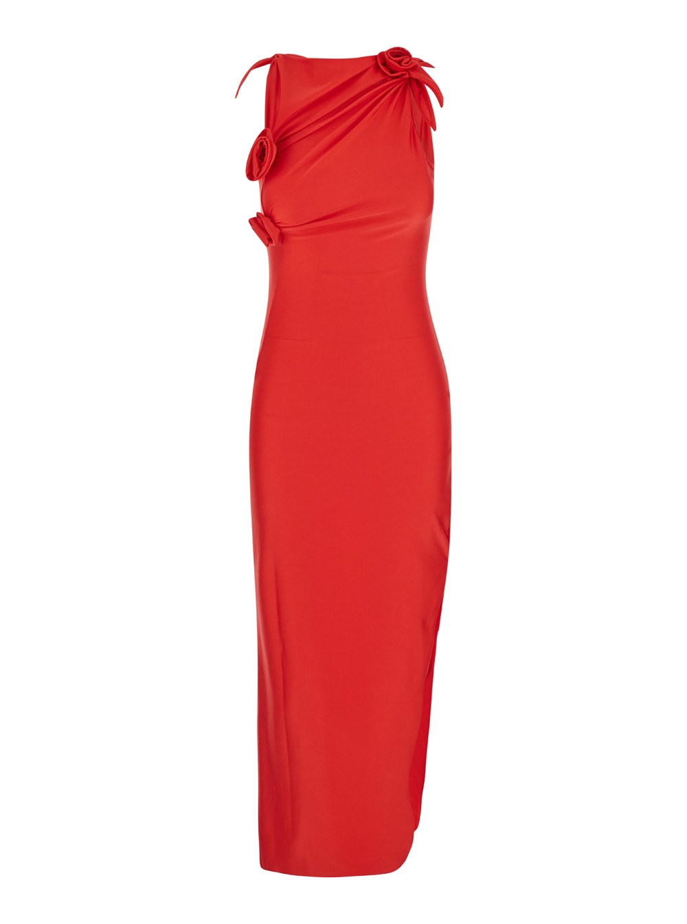 Shop Coperni Long Red Dress With Roses Appliqué In Stretch Fabric Woman