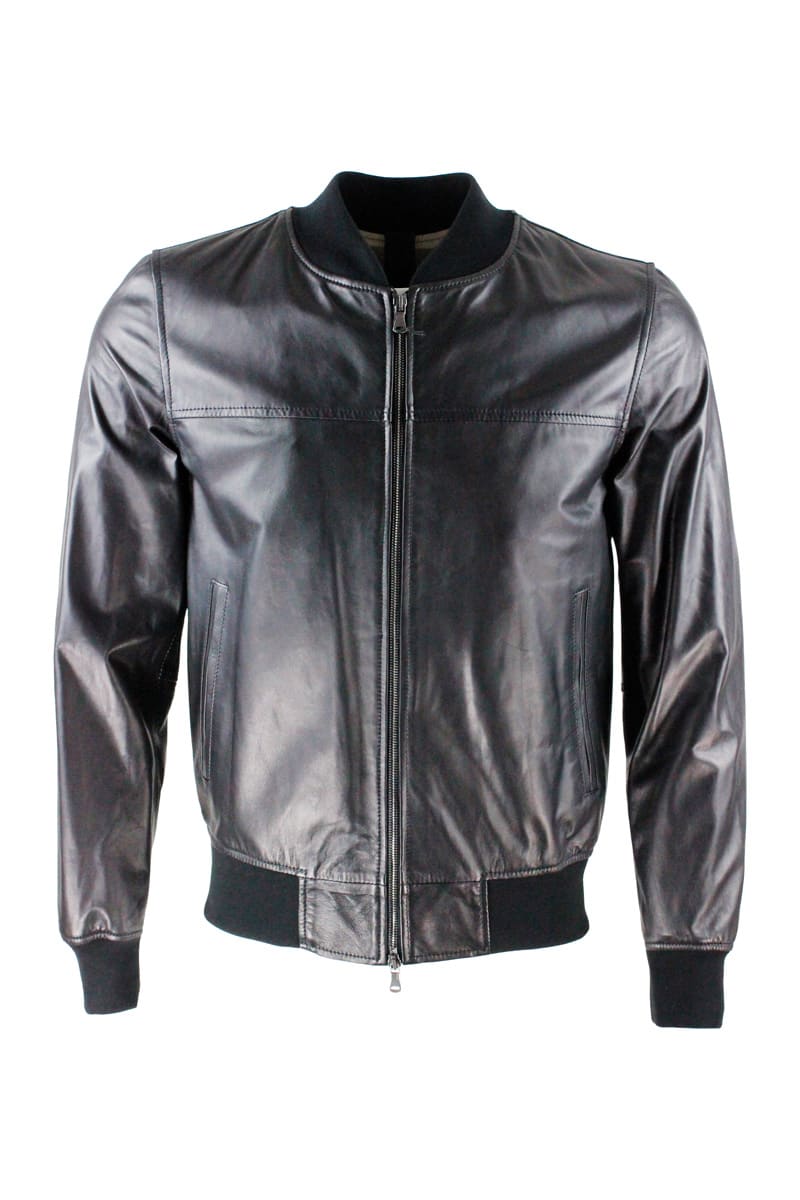 Orciani Soft Nappa Leather Jacket With Knitted College Collar, Zip Closure And Knit At The Bottom