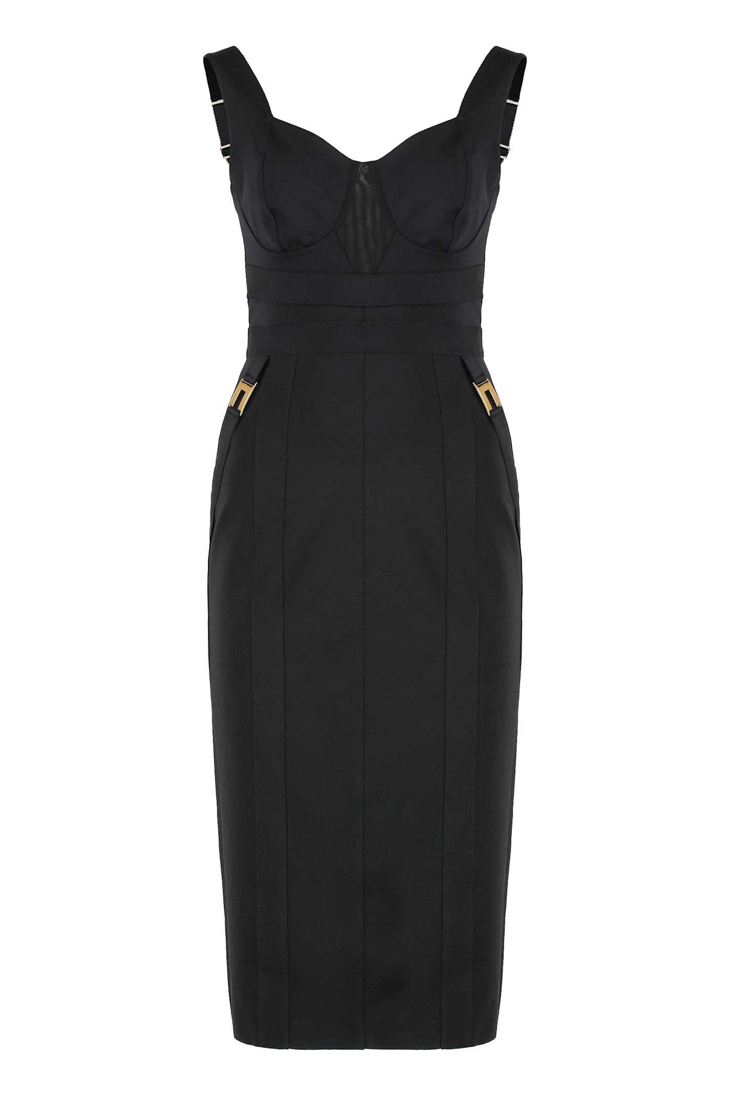 Elisabetta Franchi Fitted Midi Dress With Gold Accents In Black