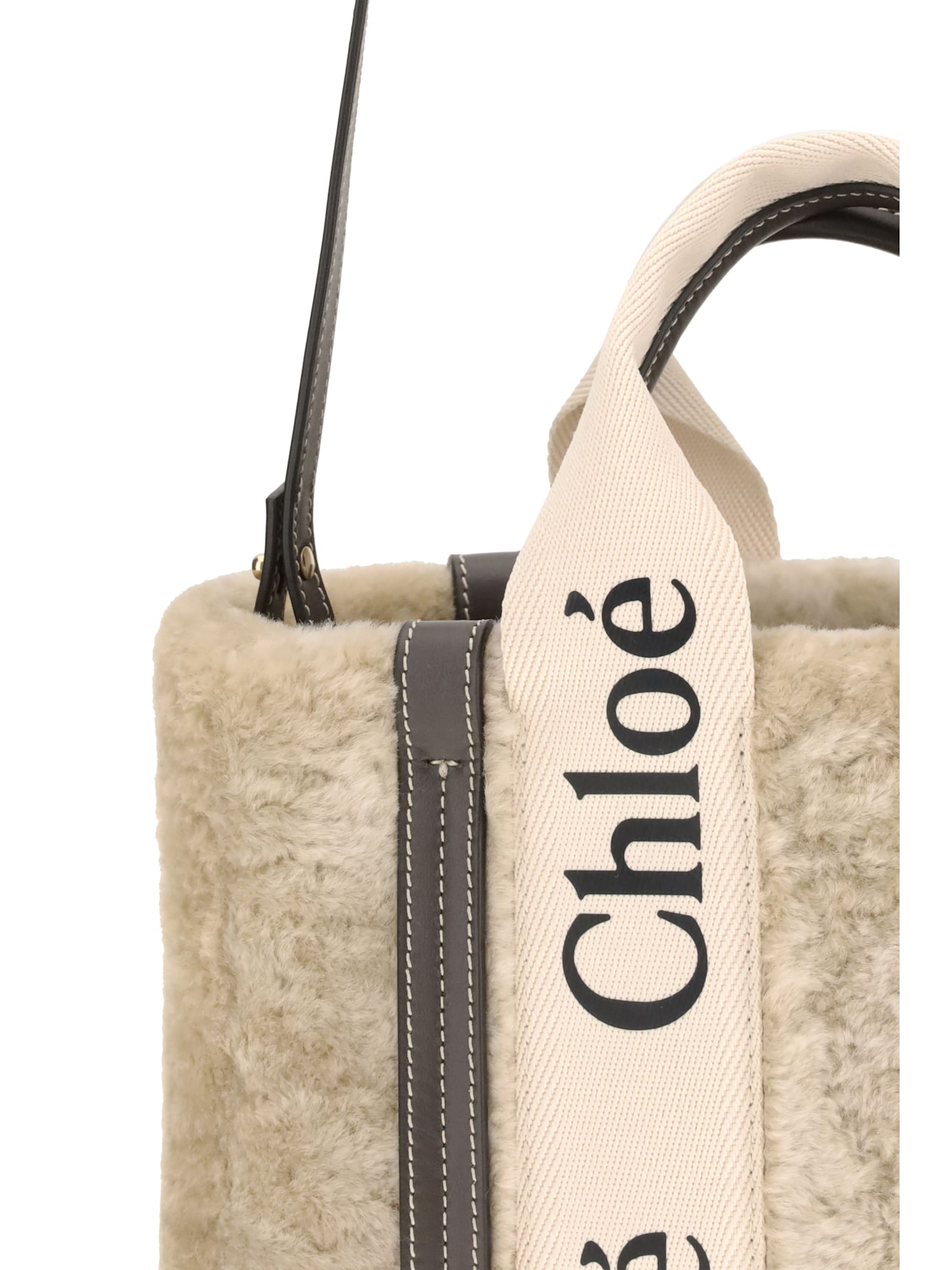 Chloé Small Woody Shearling Tote Bag In White