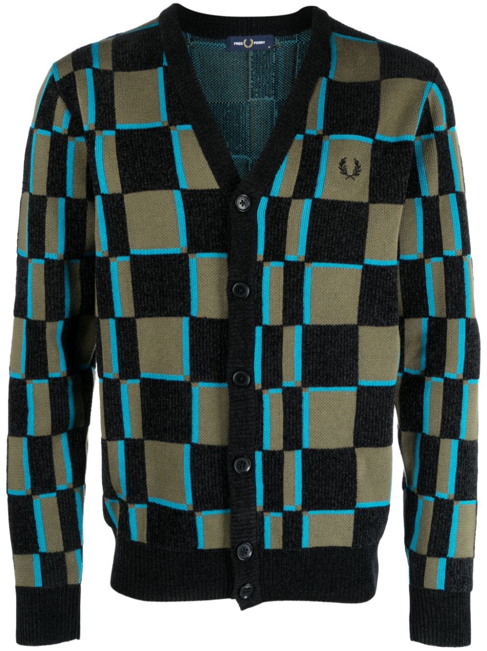Shop Fred Perry Fp Glitch Chequerboard Cardigan In Unfrmgrn Black
