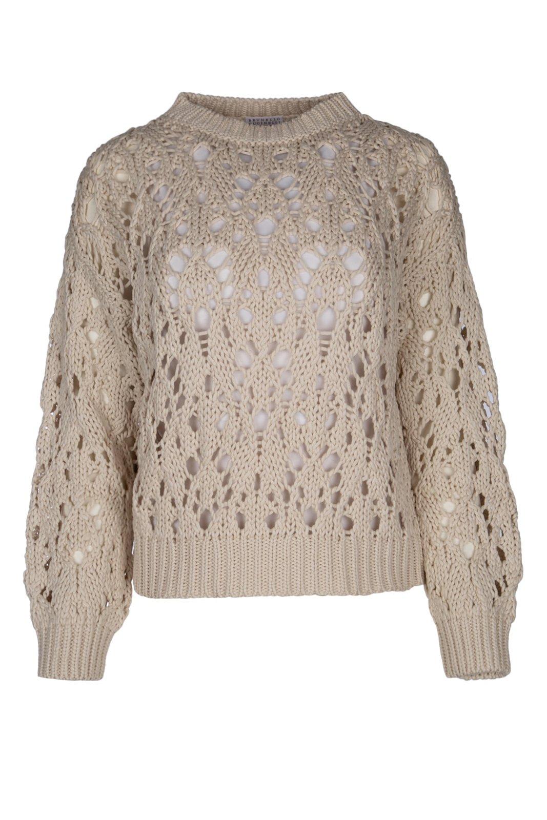 Shop Brunello Cucinelli Open-knitted Crewneck Jumper In Beige