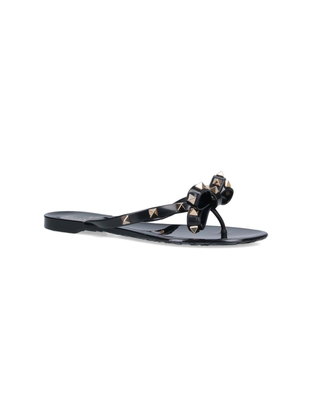 Valentino Heel Sandals With Bow Accent And Studded Embellishments In Nero