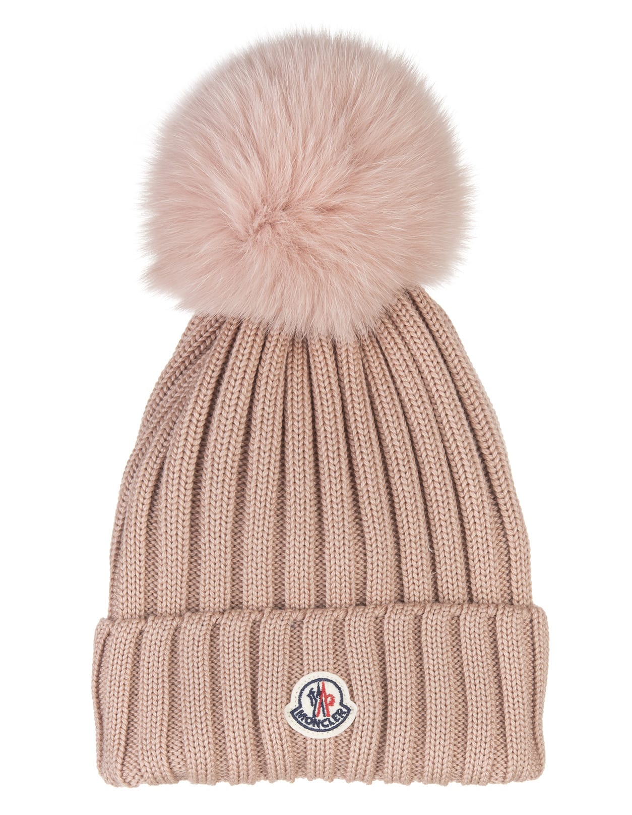 Moncler Woman Light Pink Hat With Fox Pompon In Brown | ModeSens