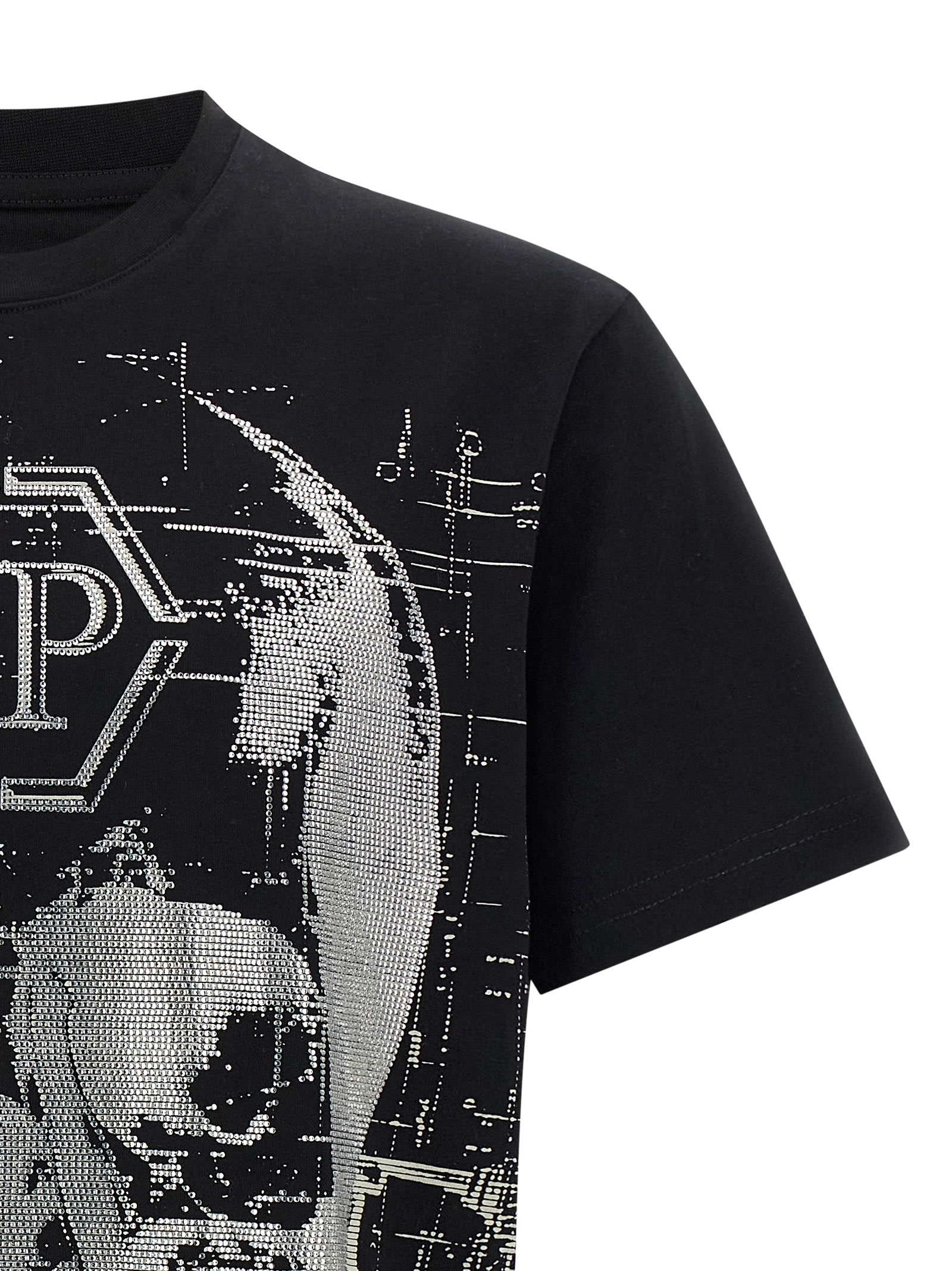 Philipp Plein Crew Neck Black T-shirt With Crystal Skull Design And Logo Patch In Black