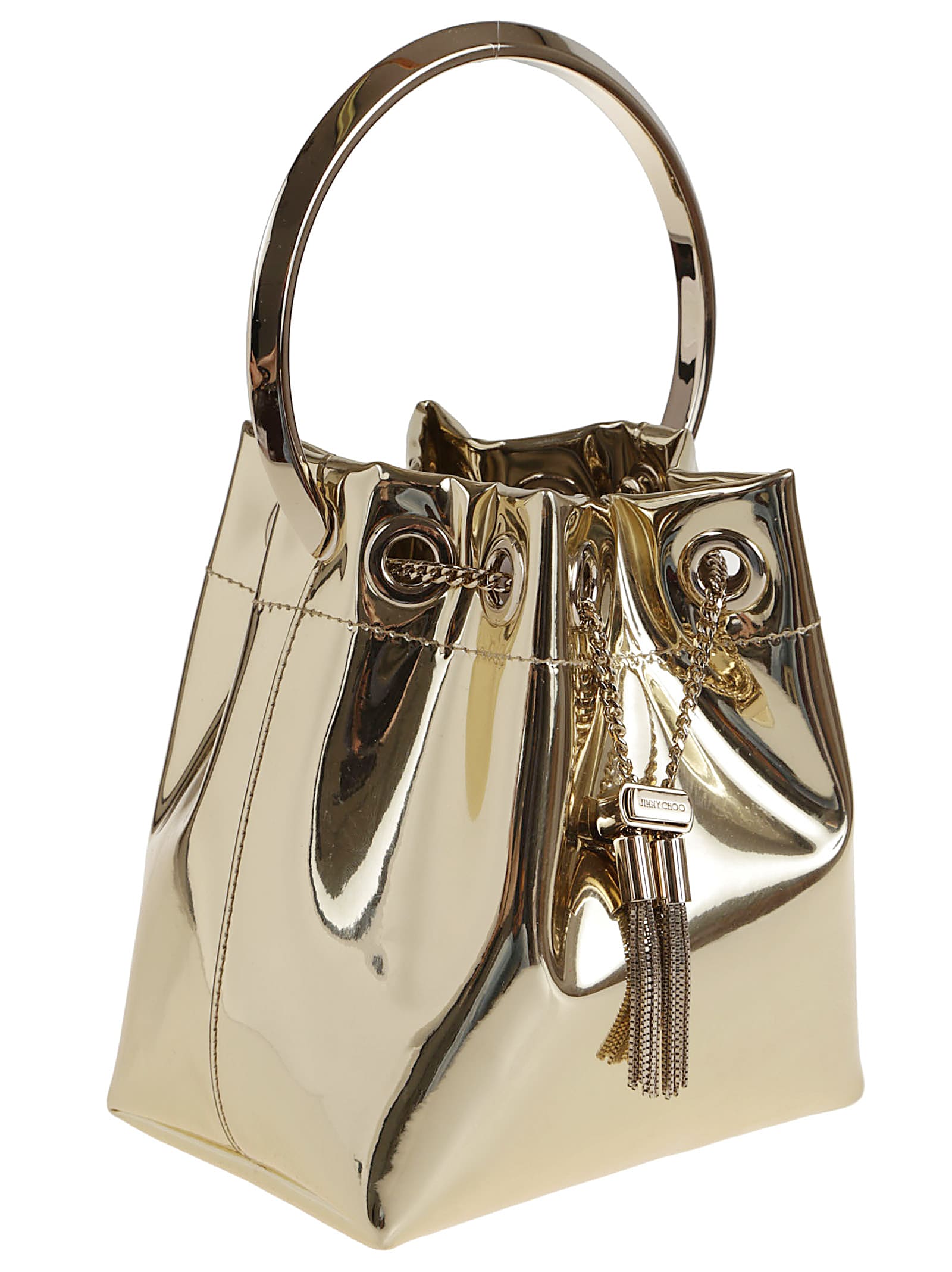 Jimmy Choo Shiny Mirror-effect Bon Bon Bag With Chain Drawstring And Metal Handle In Gold