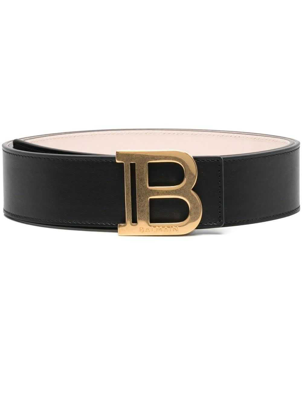 BALMAIN WOMAN BLACK AND GOLD B BELT IN SMOOTH LEATHER 4CM