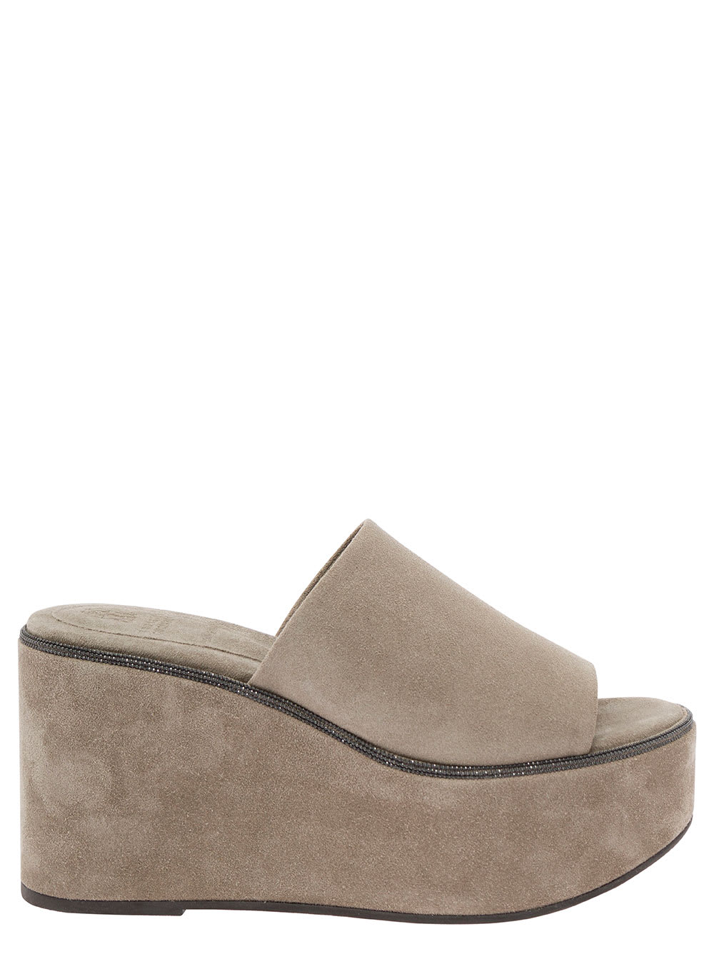 Shop Brunello Cucinelli Beige Wedges With Monile Embellishment In Suede Woman In White