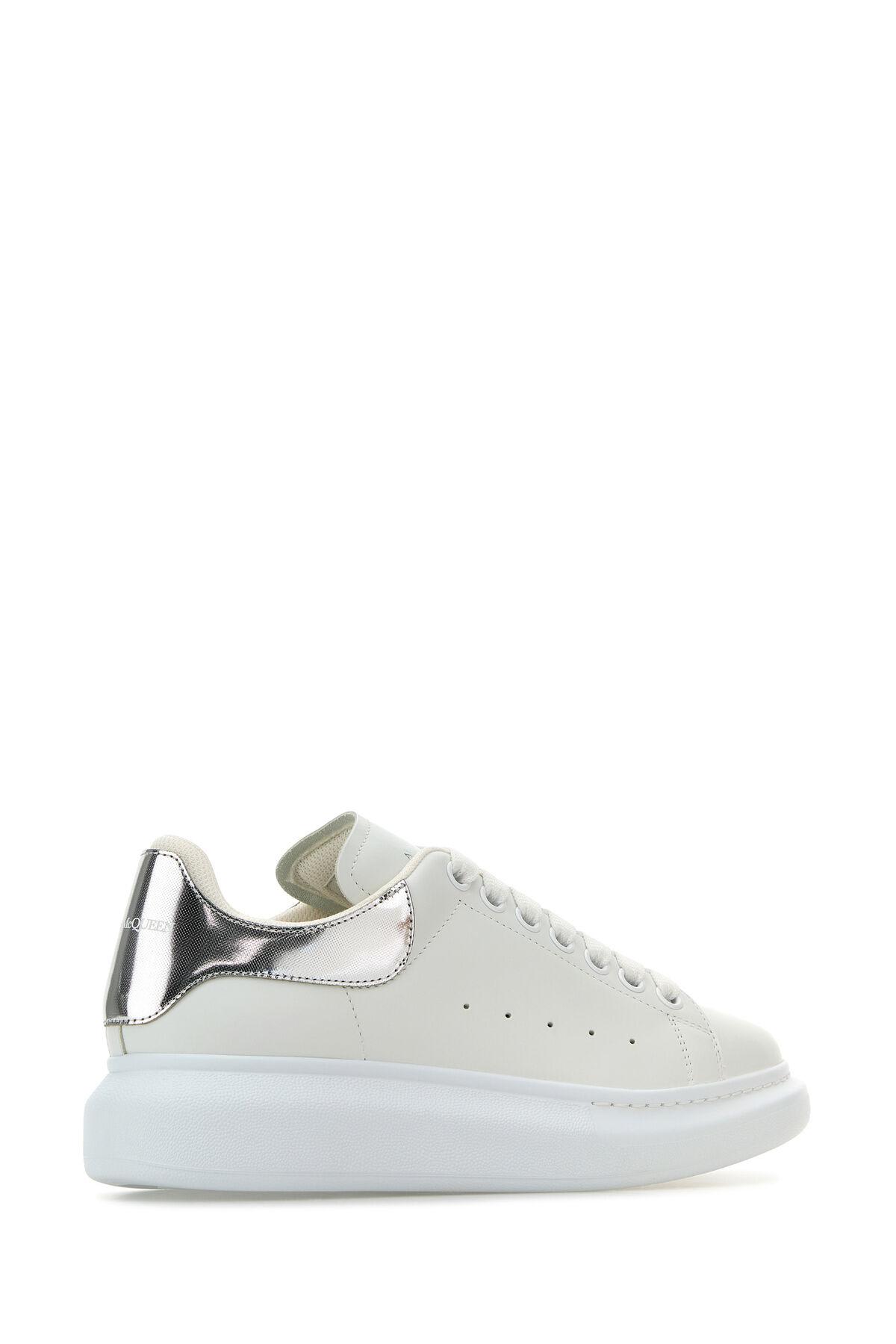 Shop Alexander Mcqueen White Leather Sneakers With Silver Leather Heel In Bianco