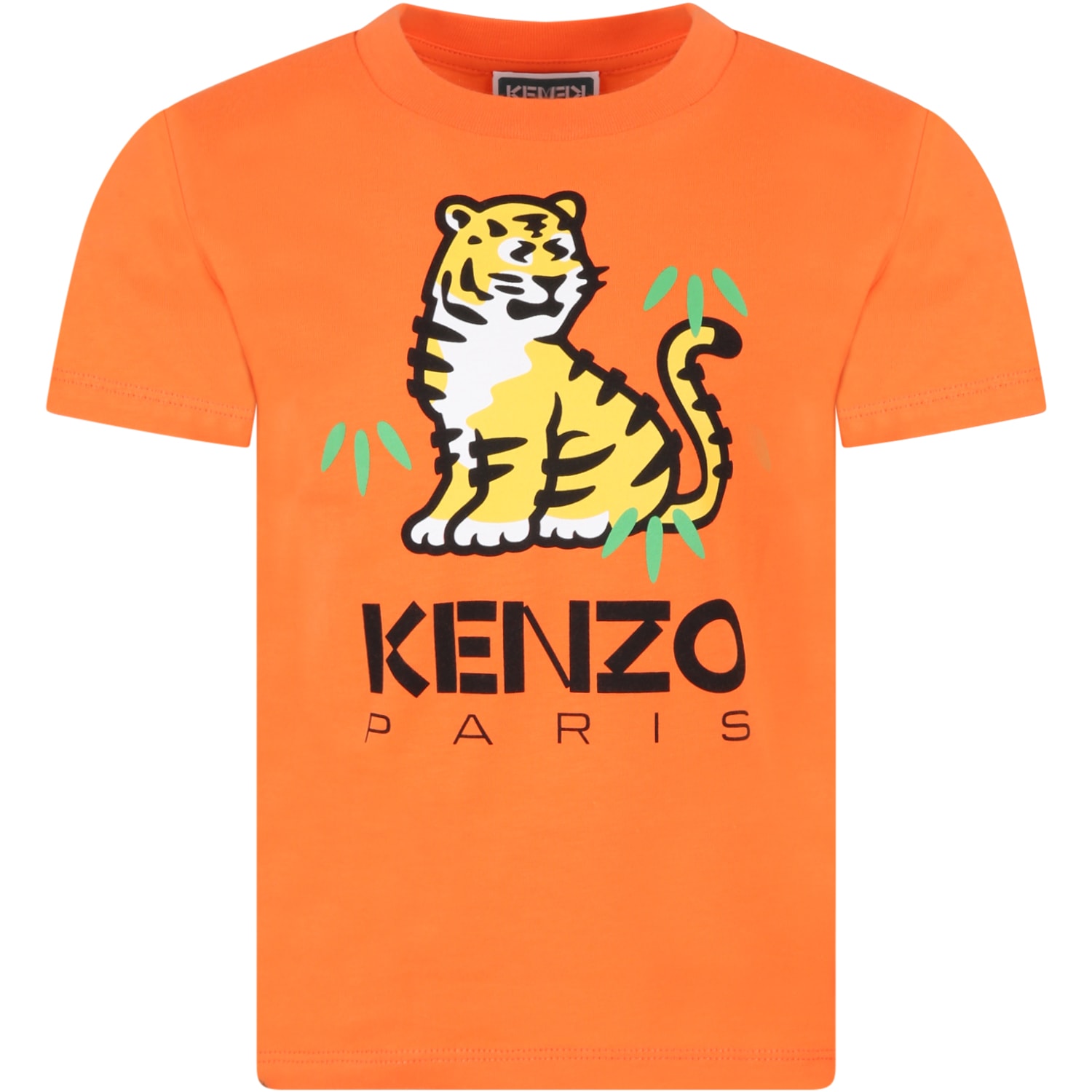 KENZO ORANGE T-SHIRT FOR BOY WITH TIGER PRINT AND LOGO