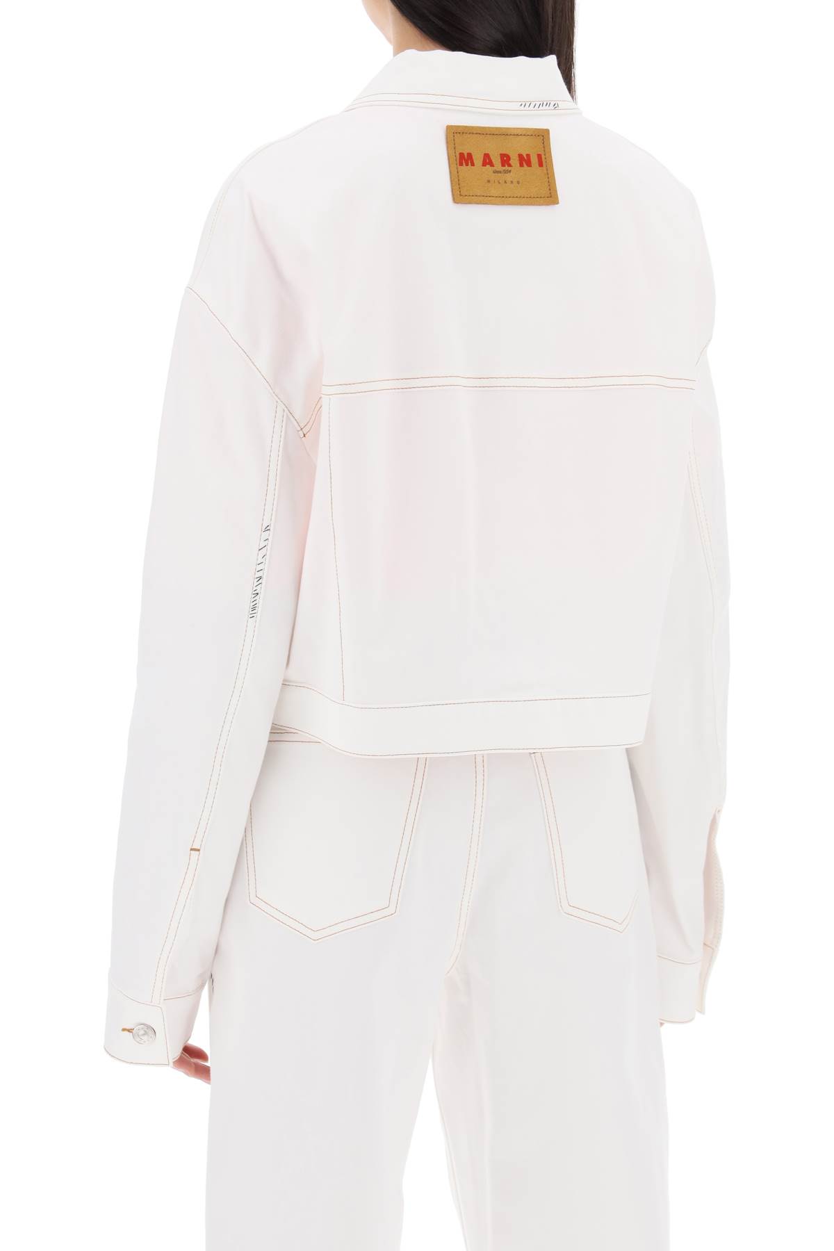 Shop Marni Cropped Denim Jacket With Flower Patches And Embroidery In Lily White (white)