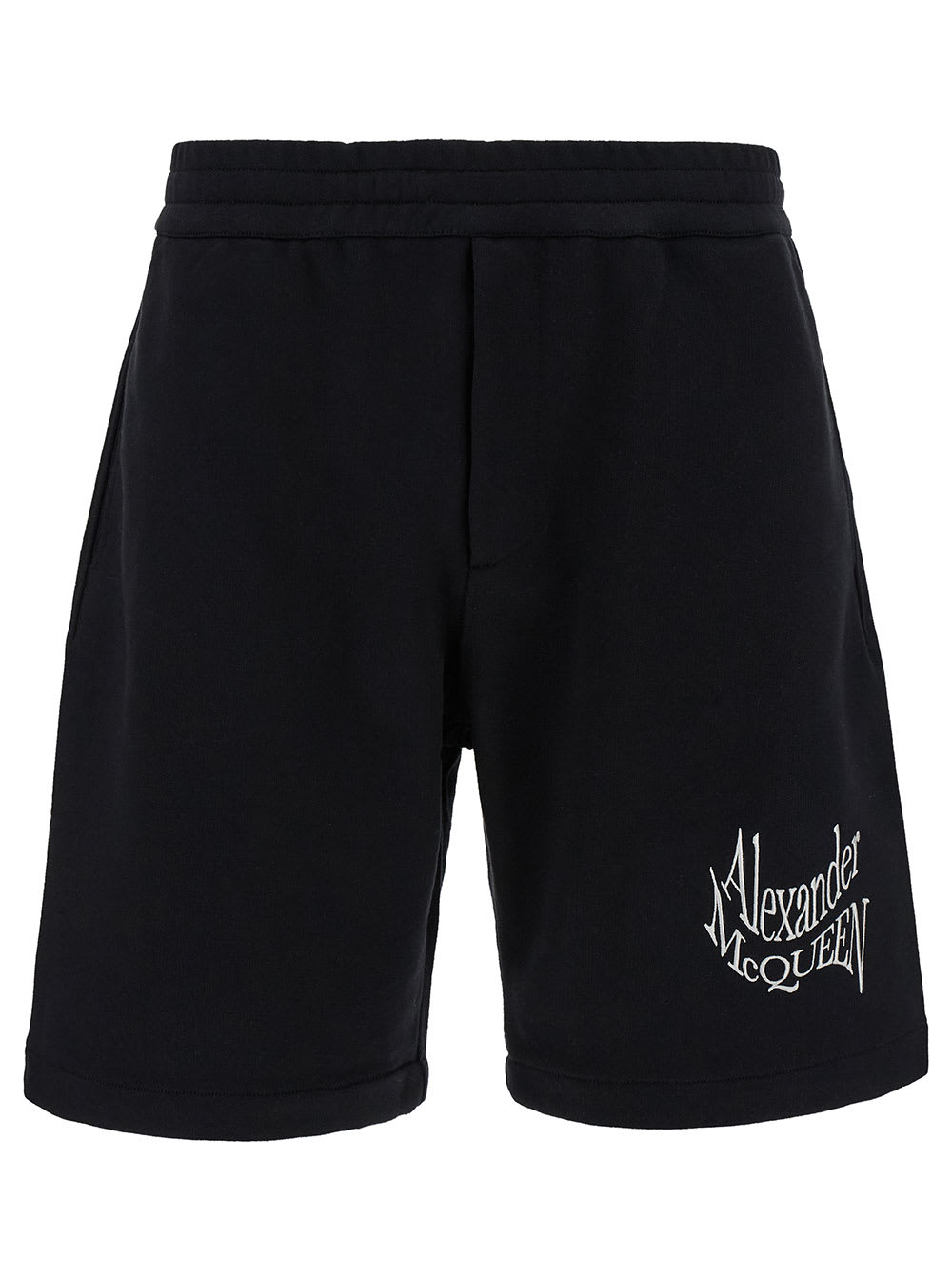 Shop Alexander Mcqueen Black Shorts With Contrasting Logo Lettering Print In Cotton Man