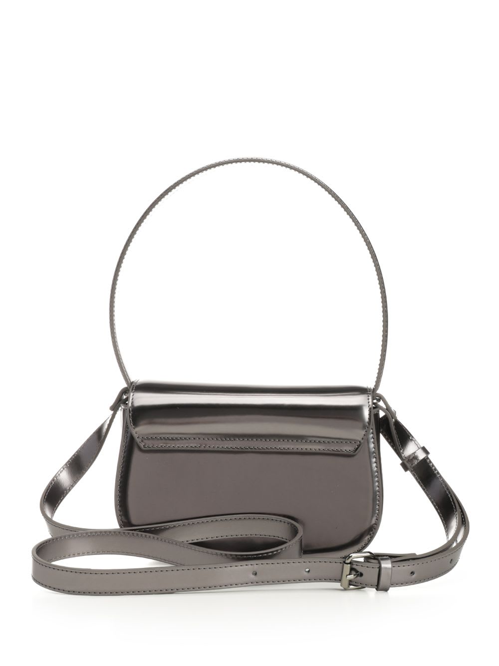 Diesel Oval-d Logo Patent Leather Shoulder Bag In Silver