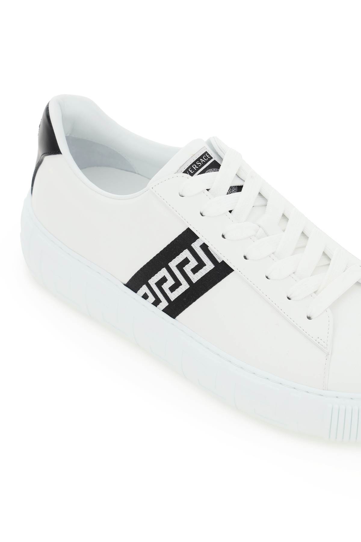 Shop Versace Leather Greca Sneakers In White Black (white)
