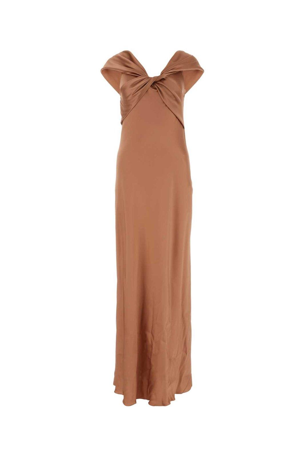 Shop Alberta Ferretti Bow Detailed Flared Maxi Satin Dress In Rosa Cipria