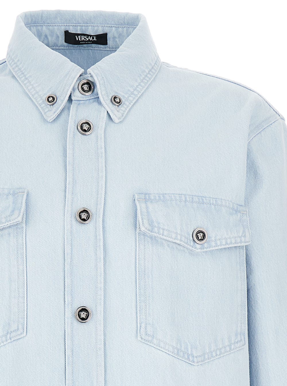 Shop Versace Light Blue Shirt With Button In Denim Man