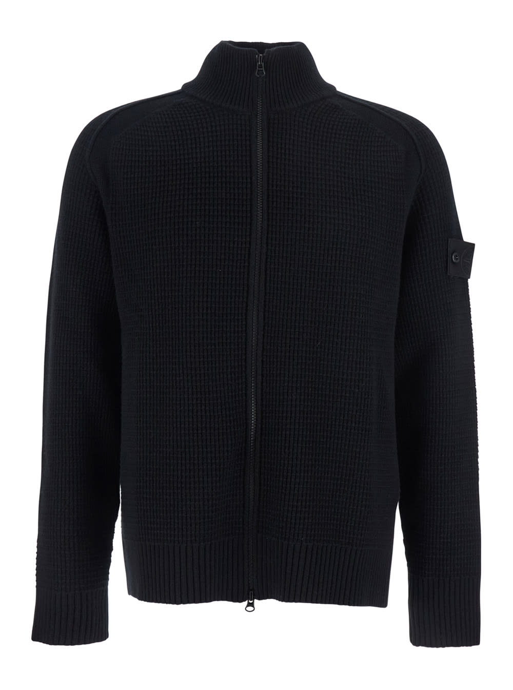 Stone Island Blue Cardigan With High Neck And Logo Patch On The Sleeve In Cotton Man In Black