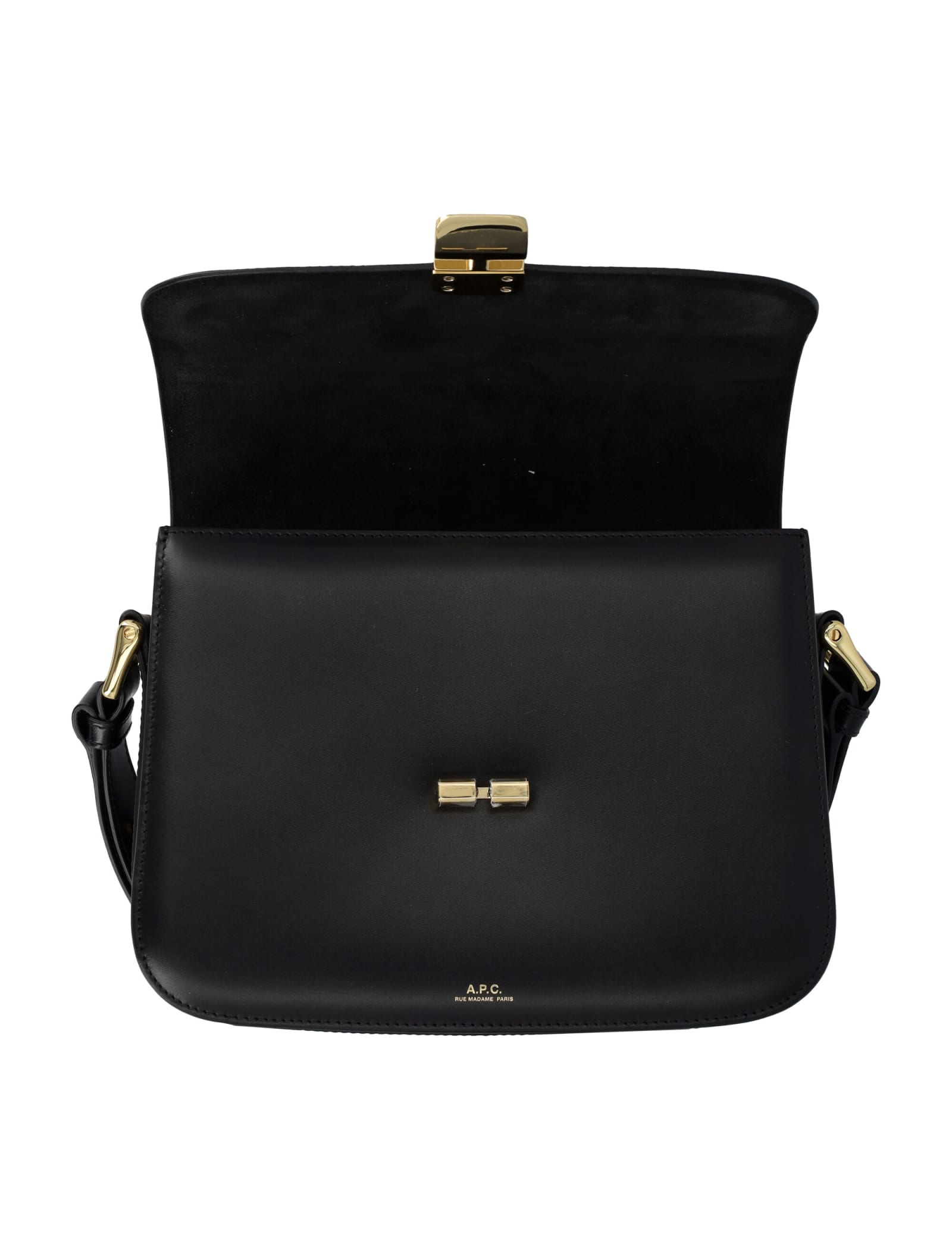 Apc A.p.c. Compact Black Calf Leather Shoulder Bag With Adjustable Strap In Black