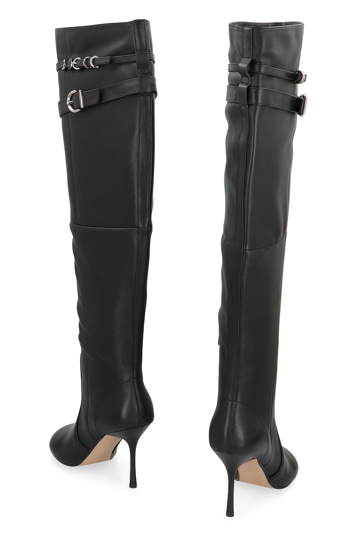 Pinko Knee-high Nappa Leather Boots With Heel And Strap In Black