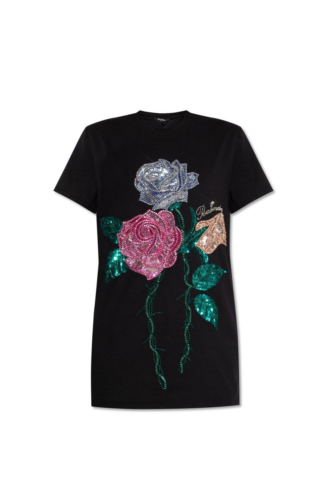 Shop Balmain Rose Embellished Crewneck T-shirt
