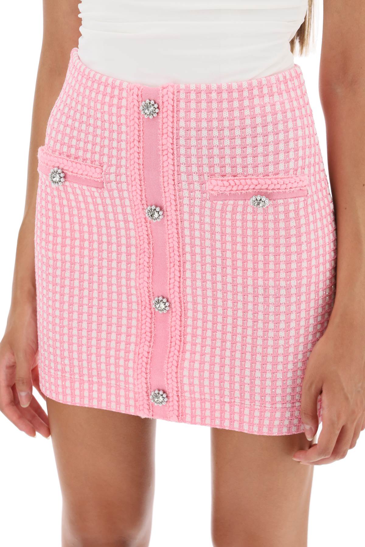 Shop Self-portrait Lurex Knitted Mini Skirt With Diamanté Buttons In Pink (pink)