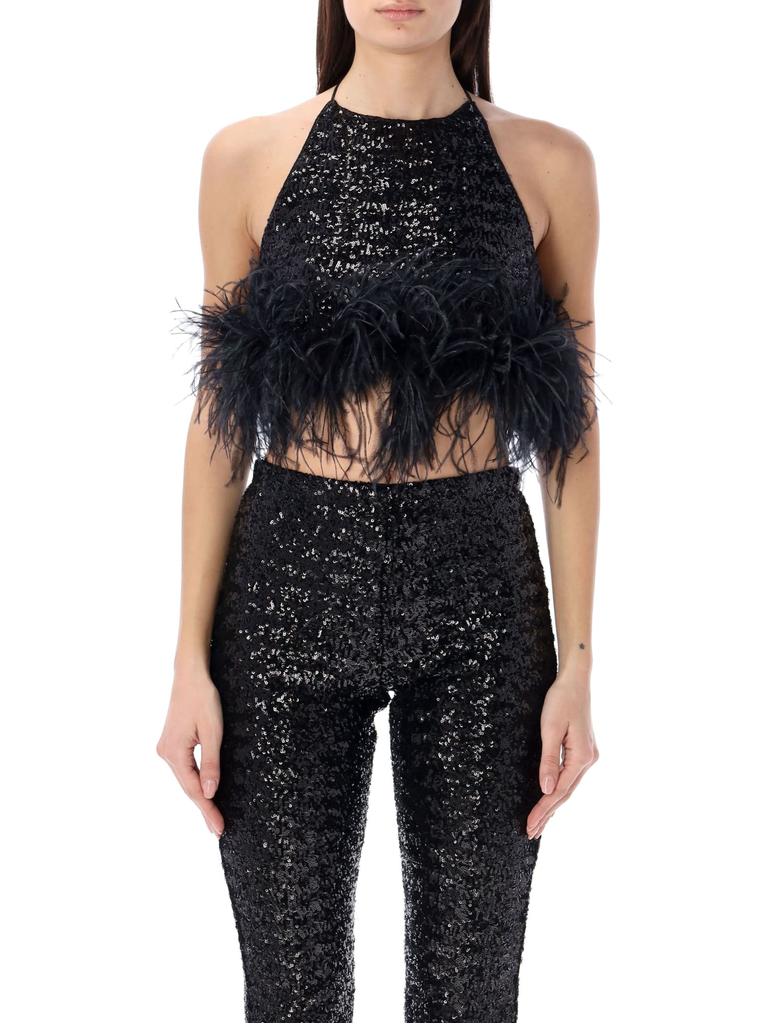 Shop Oseree Paillettes Feather Top In Black