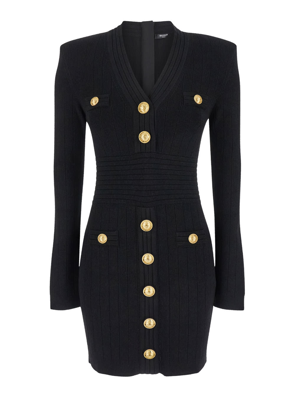 Shop Balmain Mini Black Dress With Golden Buttons In Stretch Viscose Woman