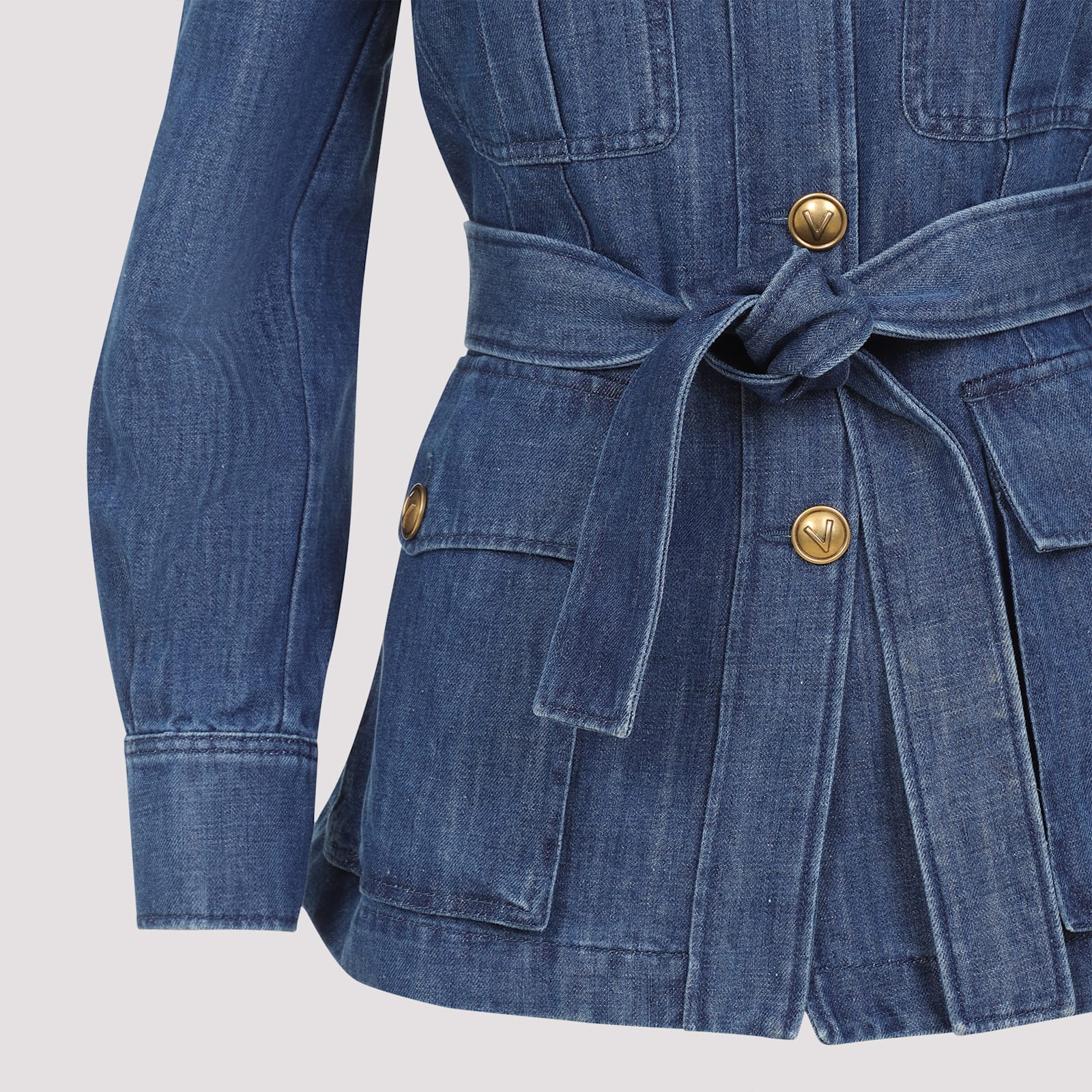 Shop Valentino Sahariana Belted Waist Denim Jacket In Medium Blue Denim