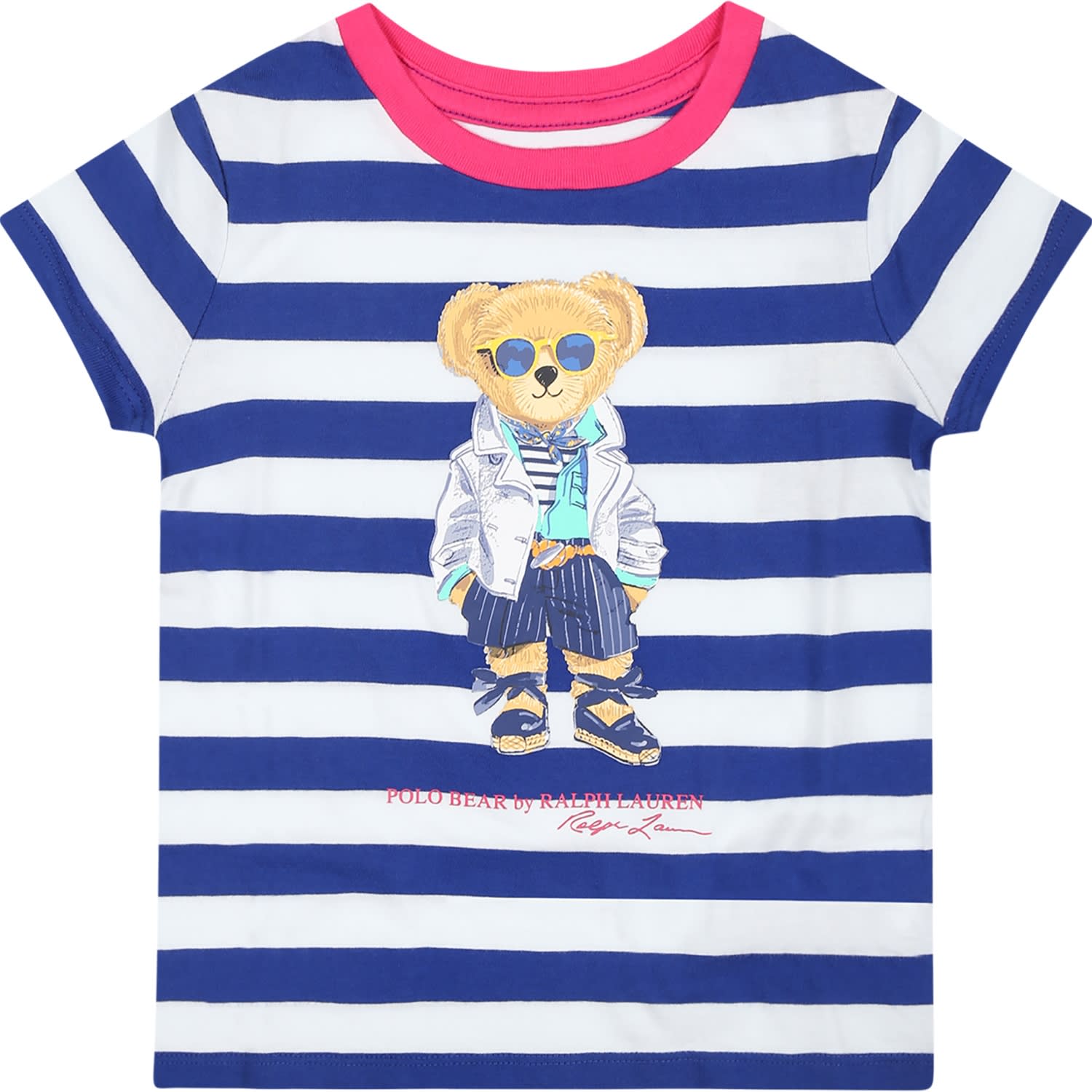 Ralph Lauren Kids' Blue T-shirt For Baby Girl With Polo Bear In Multicolor