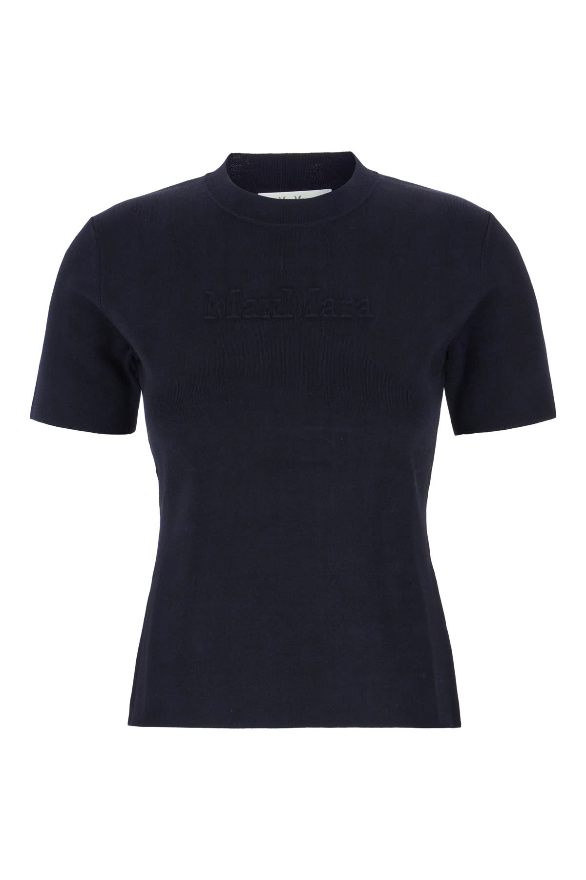 Max Mara Blue Crewneck T-shirt With Tonal Logo Lettering On The Front In Viscose Blend Woman In Black