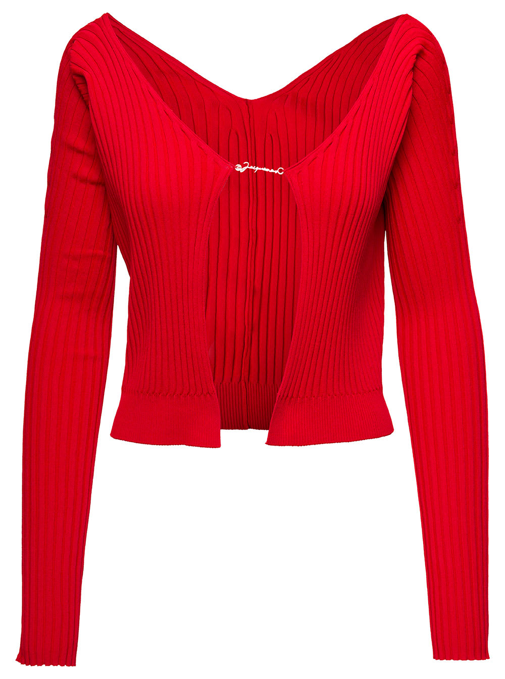 JACQUEMUS LA MAILLE PRALU LONGUE RED RIBBED CARDIGAN WITH LOGO CHARM IN VISCOSE WOMAN