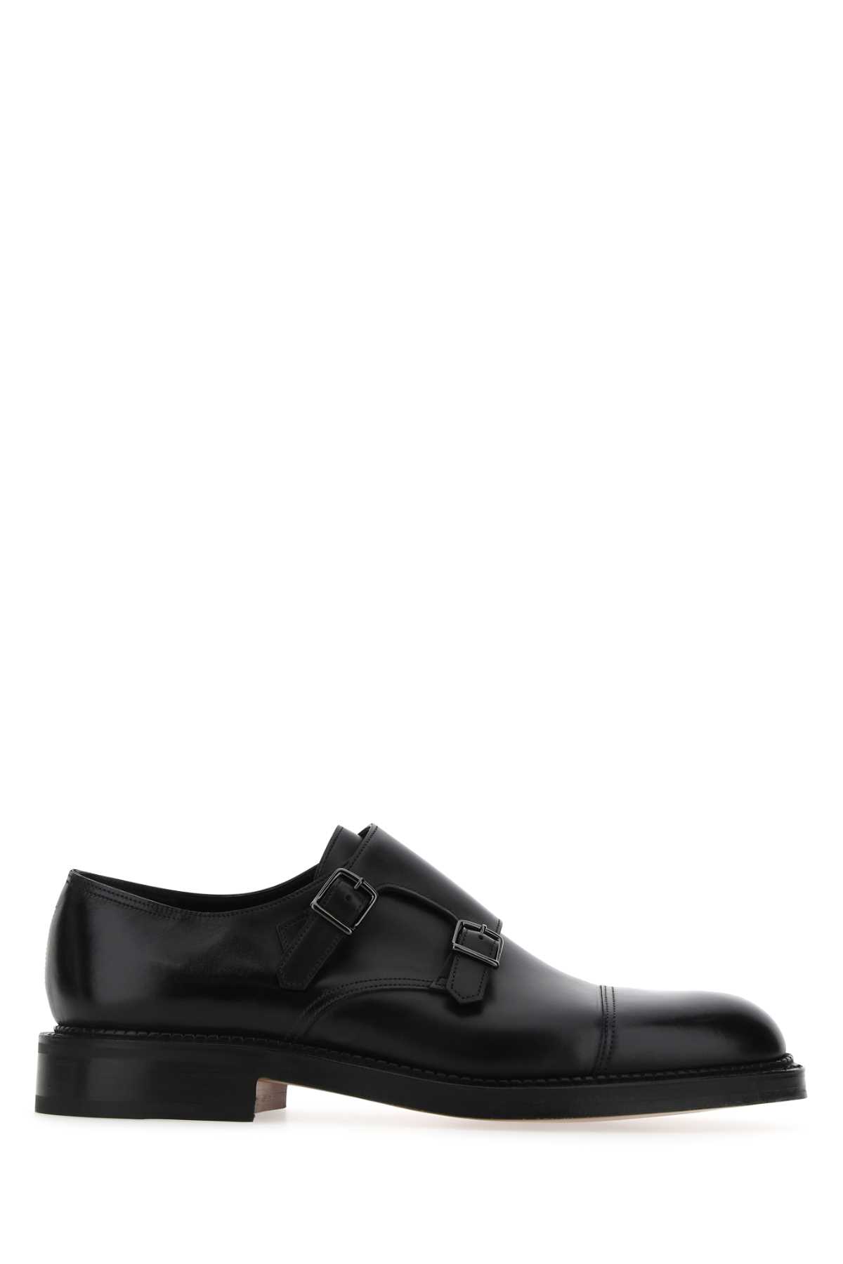 Black Leather William Monk Strap Shoes