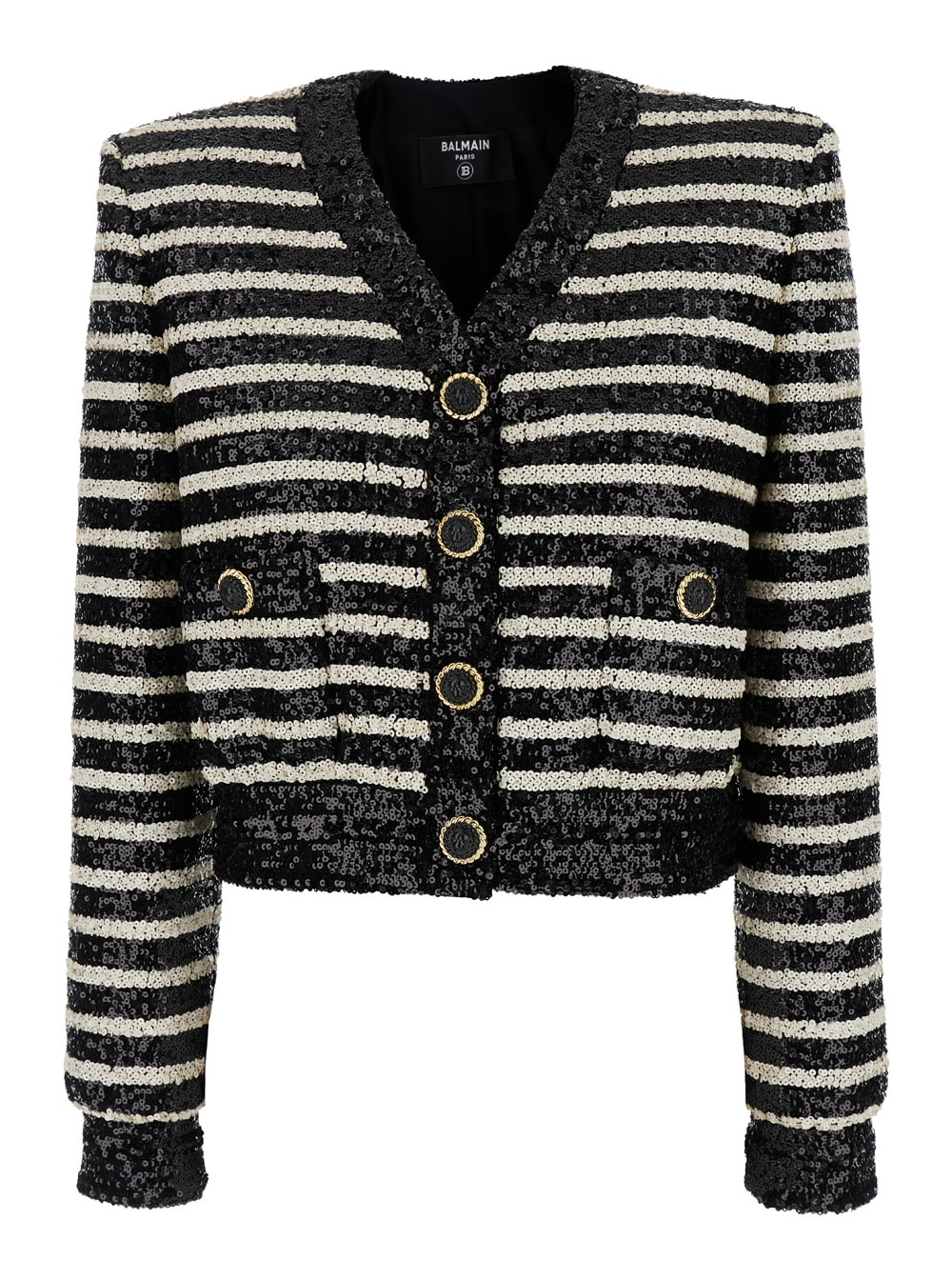 Shop Balmain Black And White Cropped Striped Jacket In All-over Sequins Fabric Woman