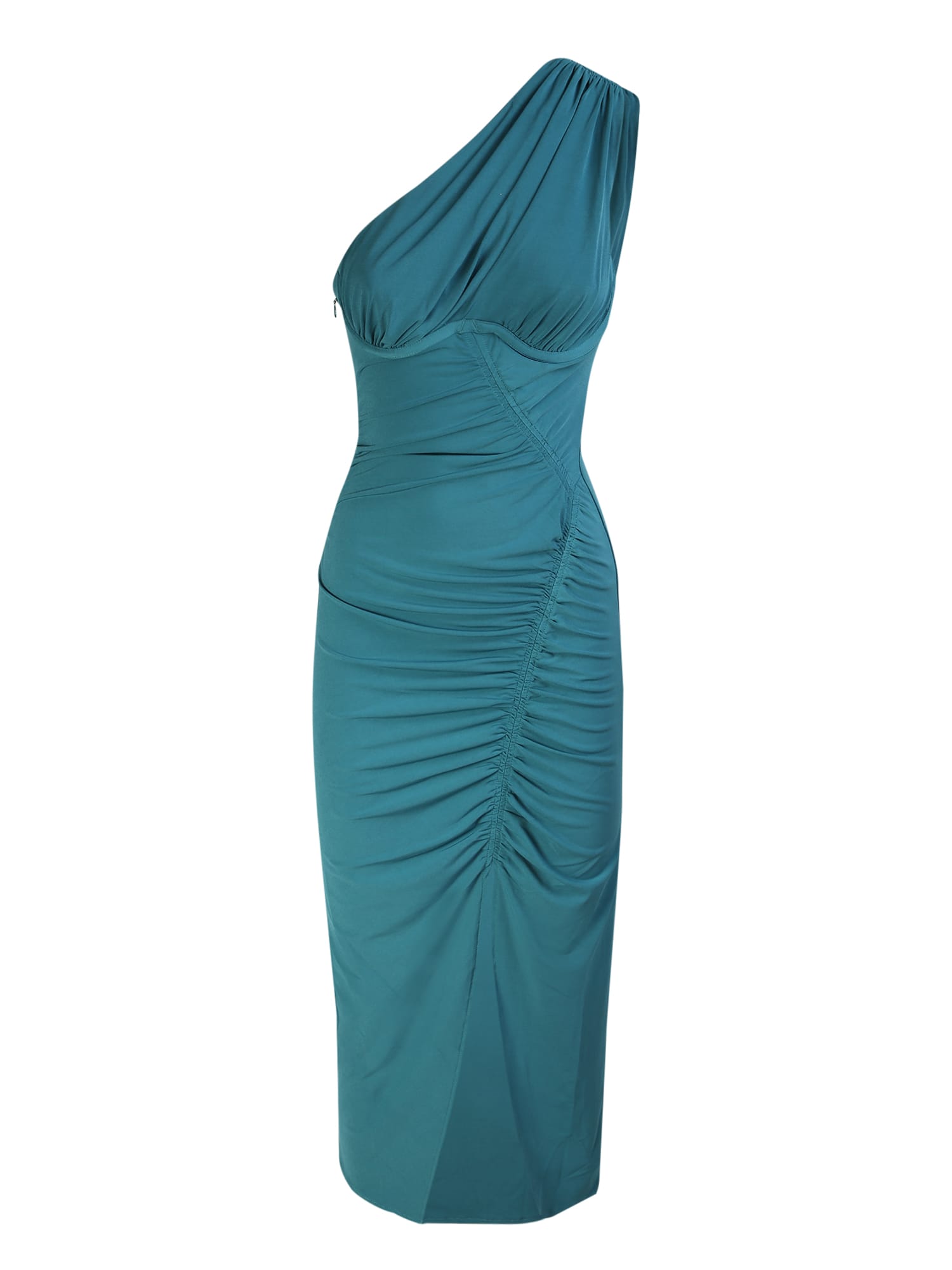 Shop Self-portrait One-shoulder Dress Featuring An Elasticated Design In Green