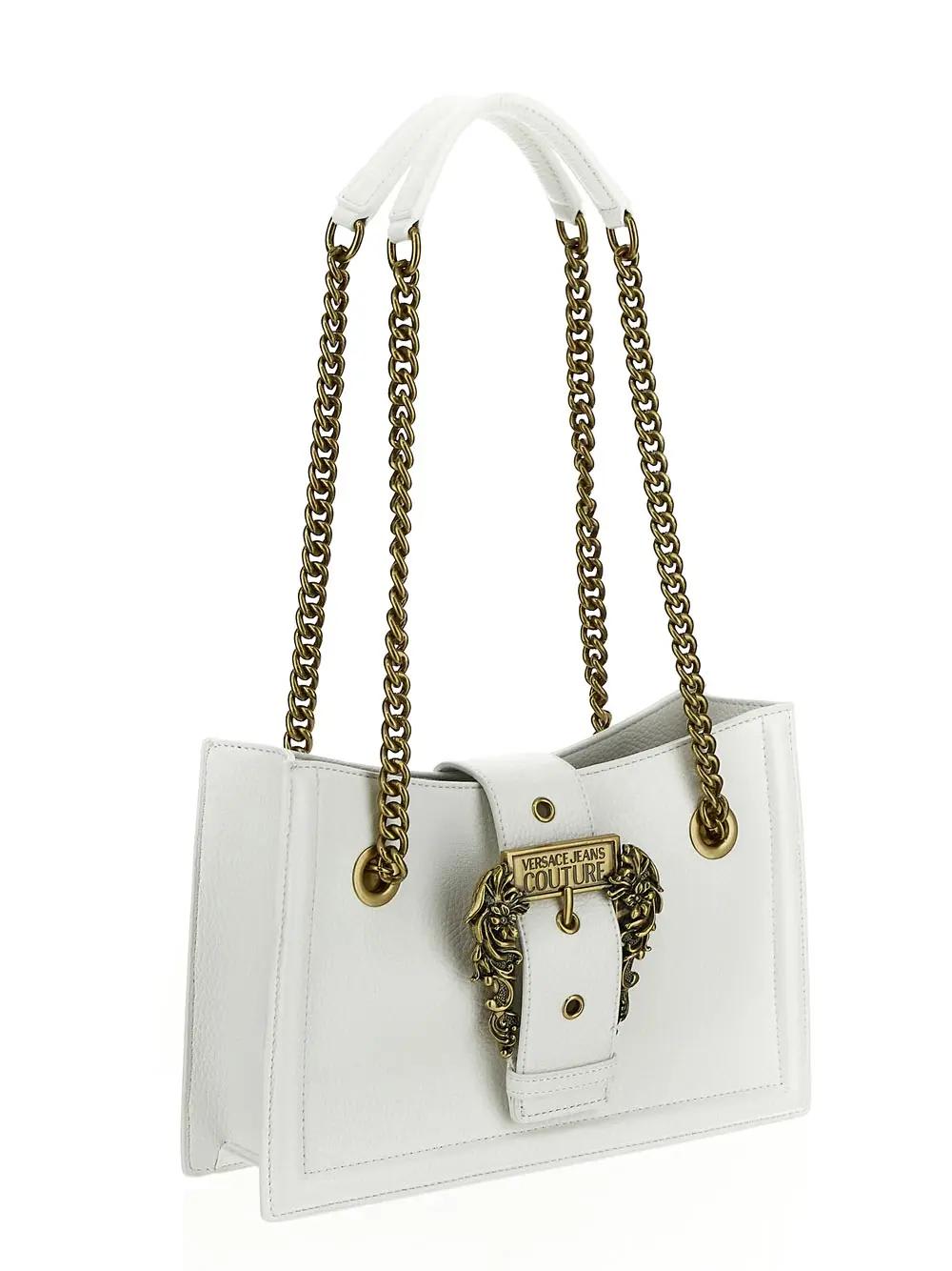 Shop Versace Jeans Couture Embossed Buckle Shoulder Bag In White