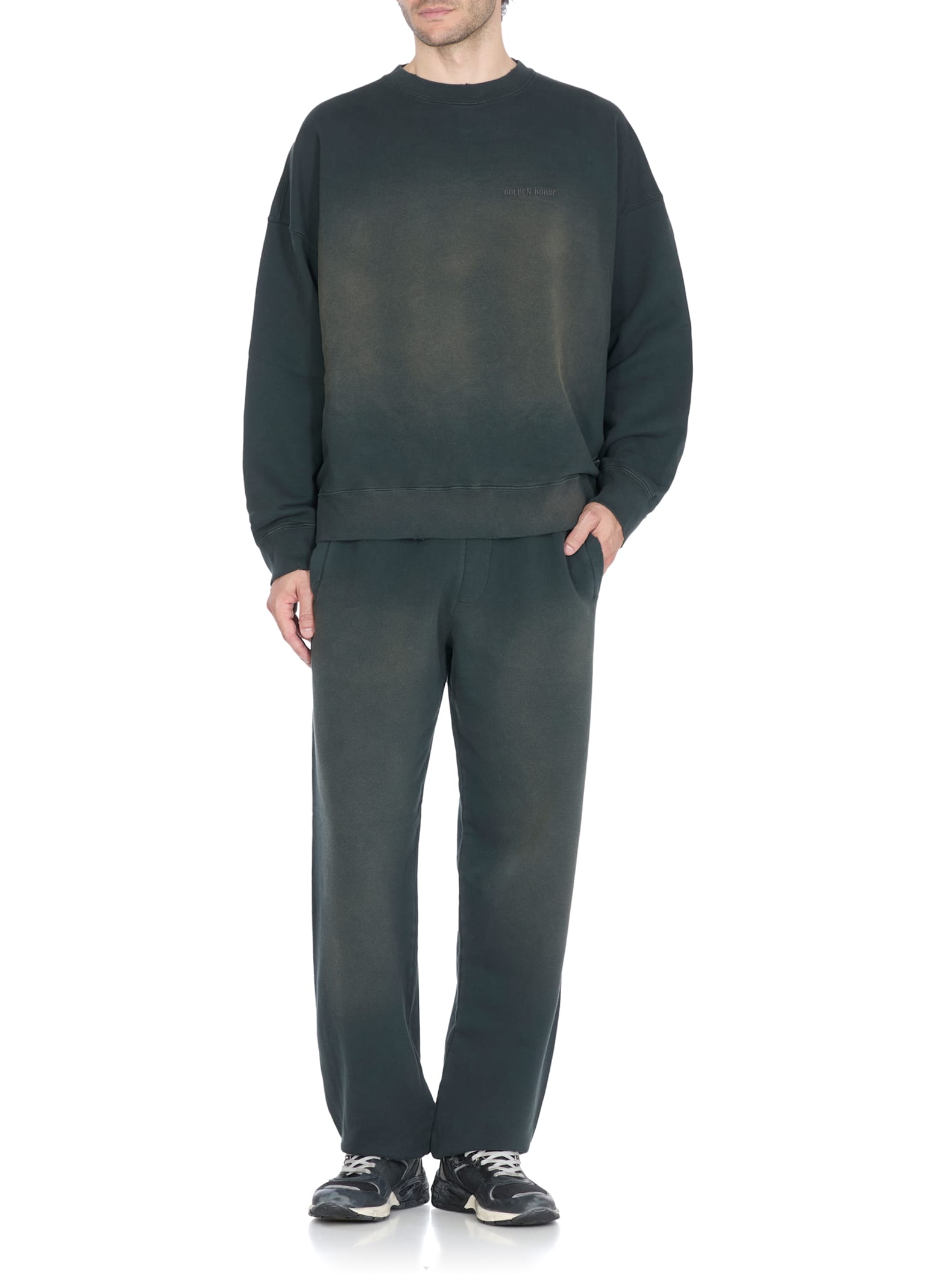 Golden Goose Longline Crewneck Cotton Sweatshirt With Star Accents In Black