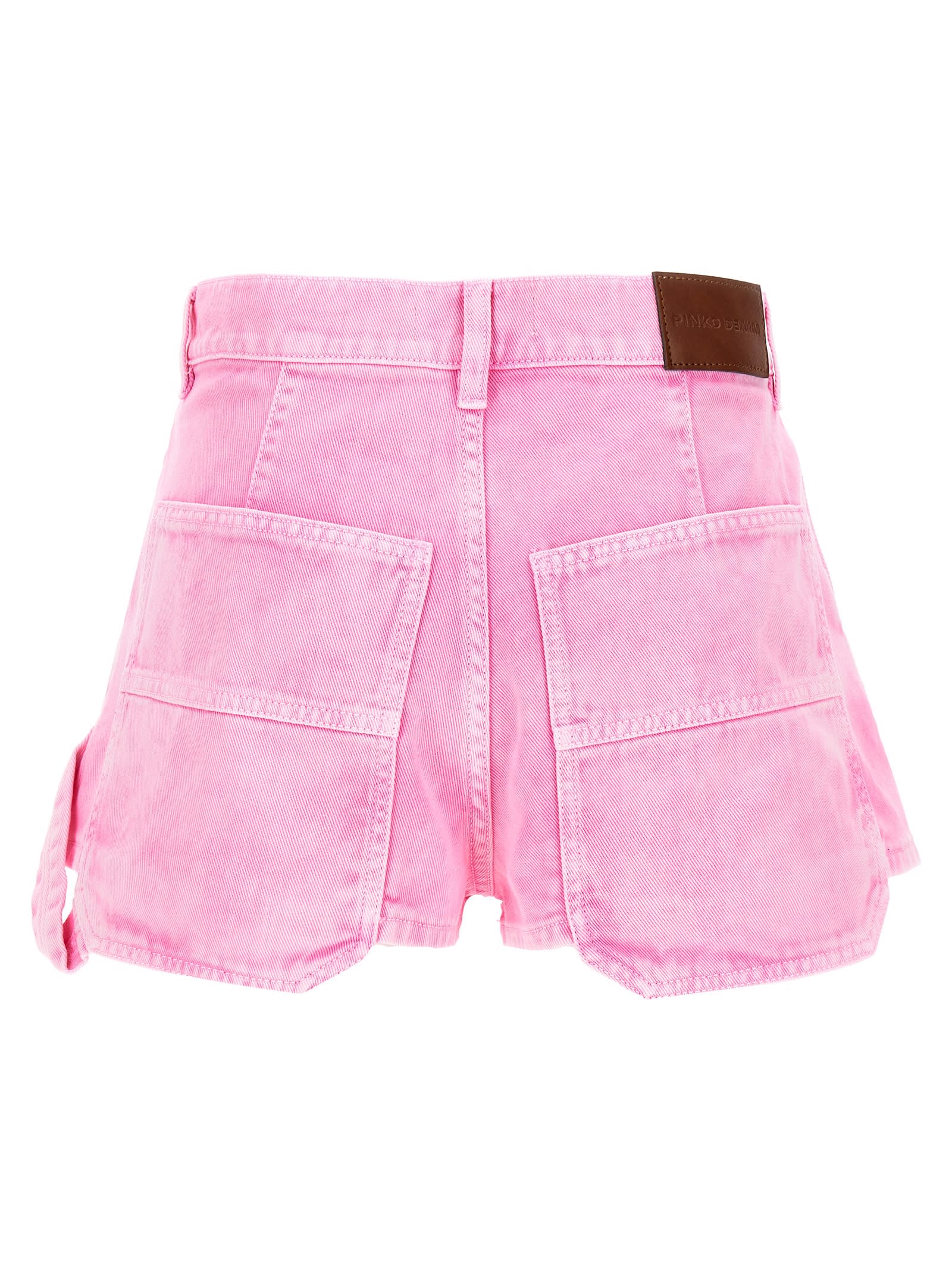 Pinko Pink Denim Shorts With Leather Logo Patch In Pink